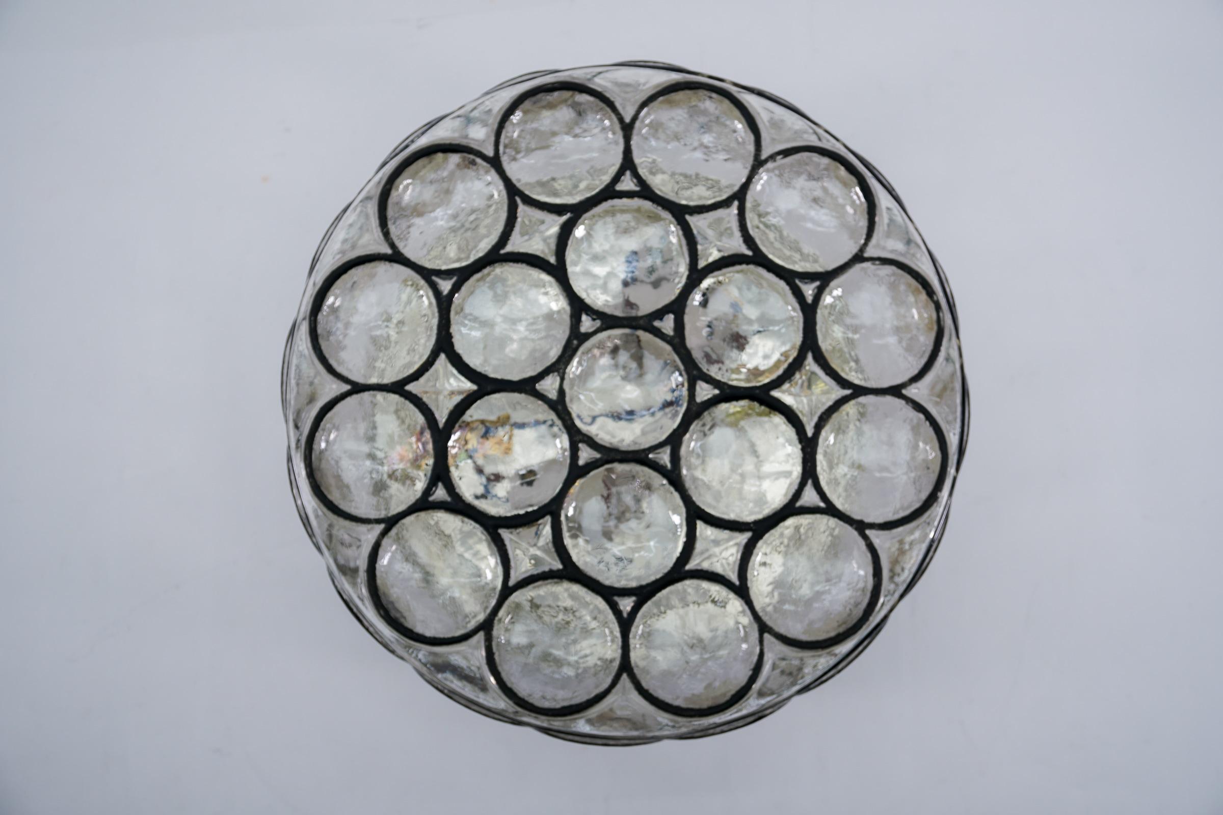 German Limburg Large Circular Iron Rings & Glass Flush Mount Light or Sconce 1960s