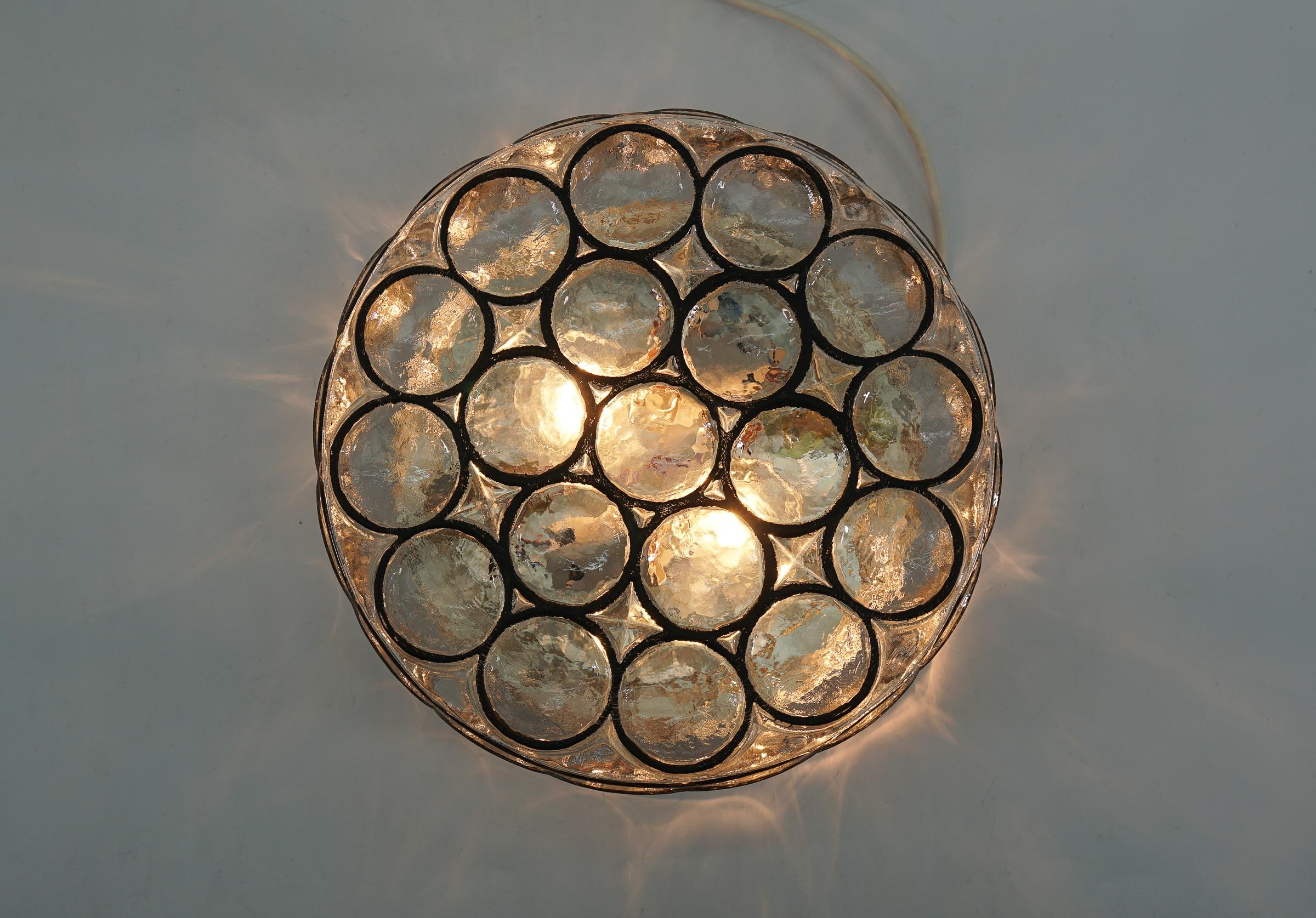 Mid-20th Century Limburg Large Circular Iron Rings & Glass Flush Mount Light or Sconce 1960s