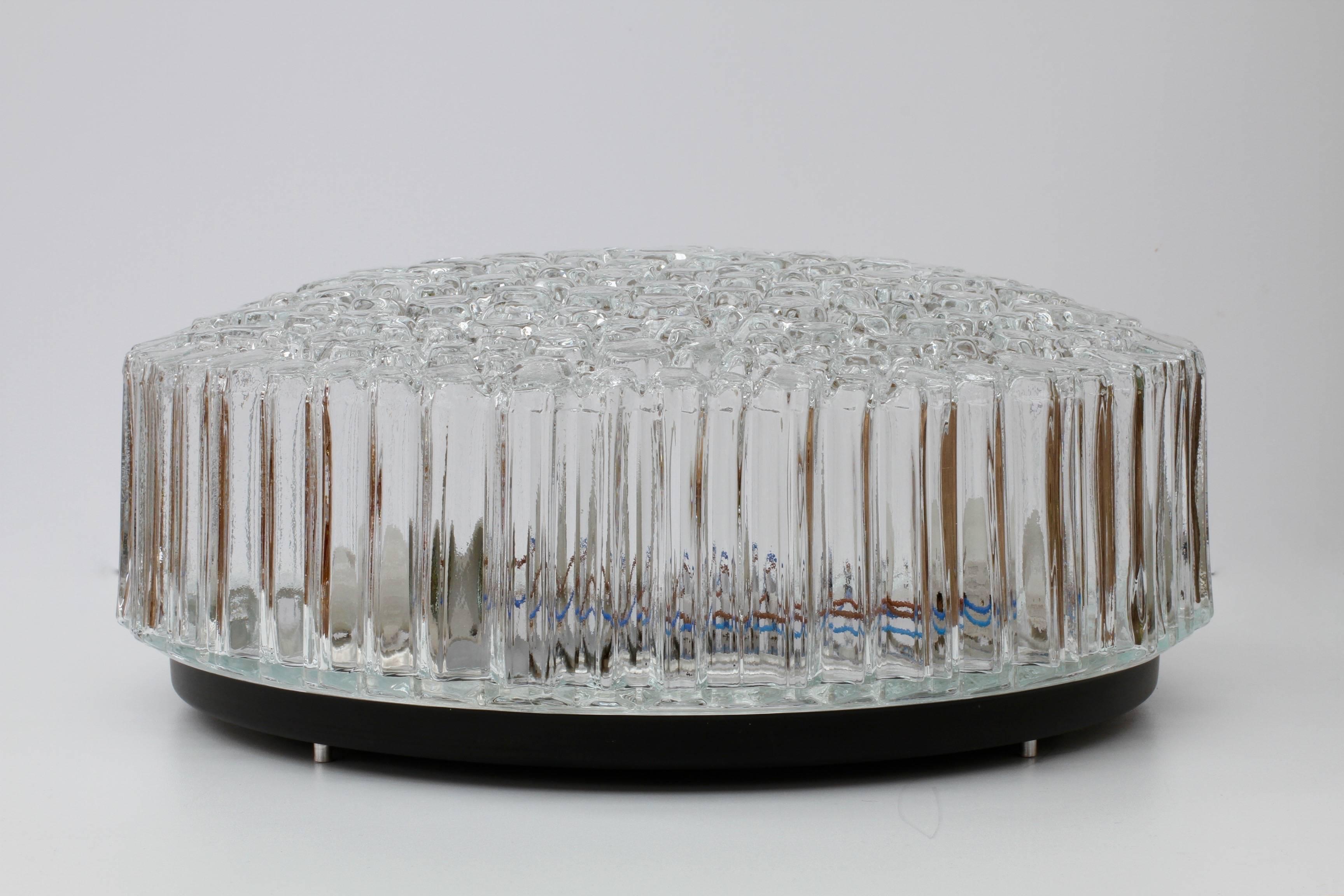 German Limburg Large Organic Textured Clear Ice Crystal Glass Flush Mount, circa 1970s For Sale