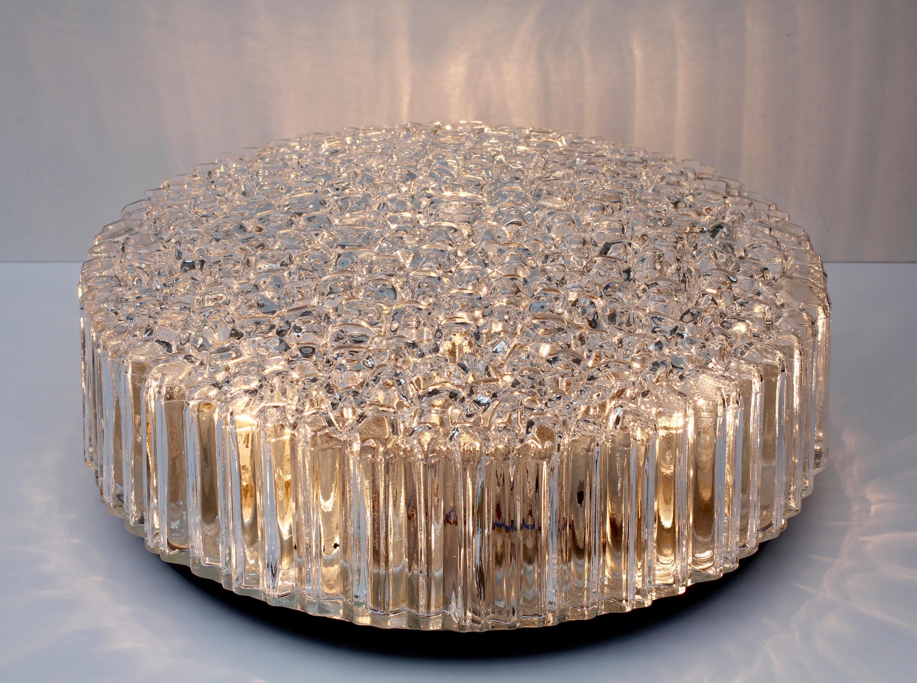 German Limburg Large Organic Textured Clear Ice Crystal Glass Flush Mount, circa 1970s For Sale