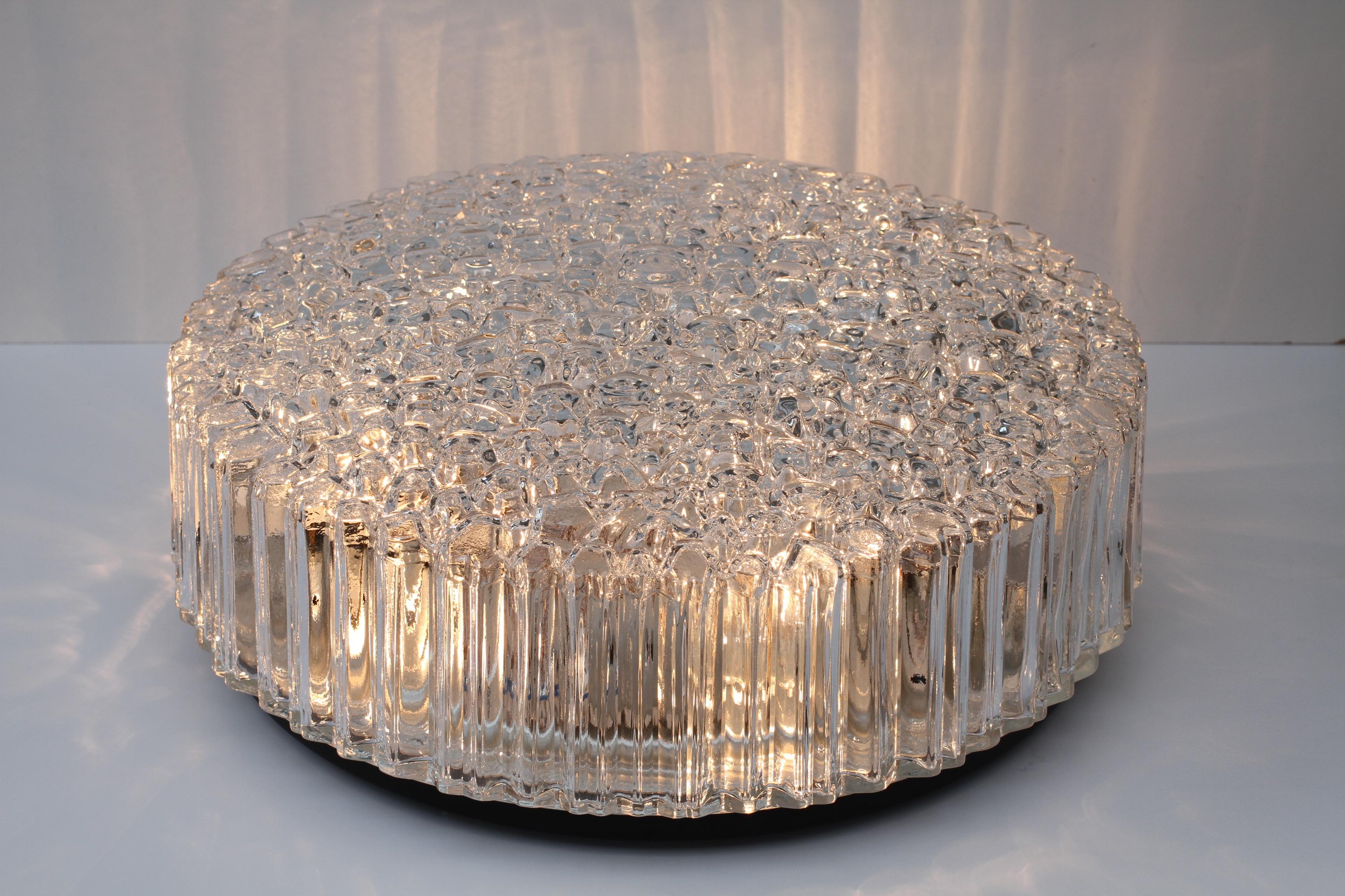 Molded Limburg Large Organic Textured Clear Ice Crystal Glass Flush Mount, circa 1970s For Sale