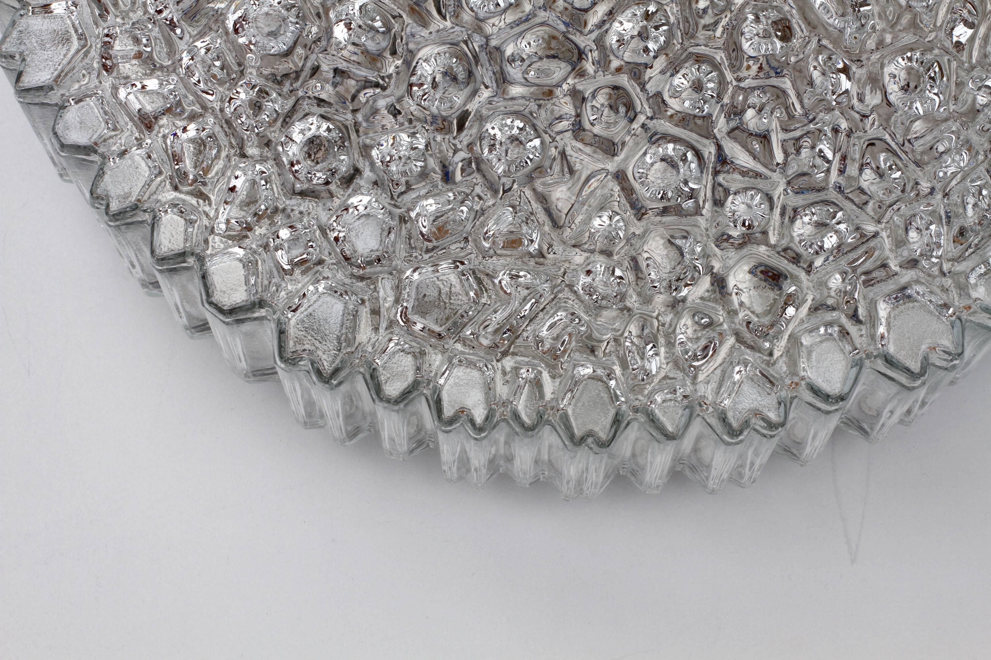 Late 20th Century Limburg Large Organic Textured Clear Ice Crystal Glass Flush Mount, circa 1970s For Sale