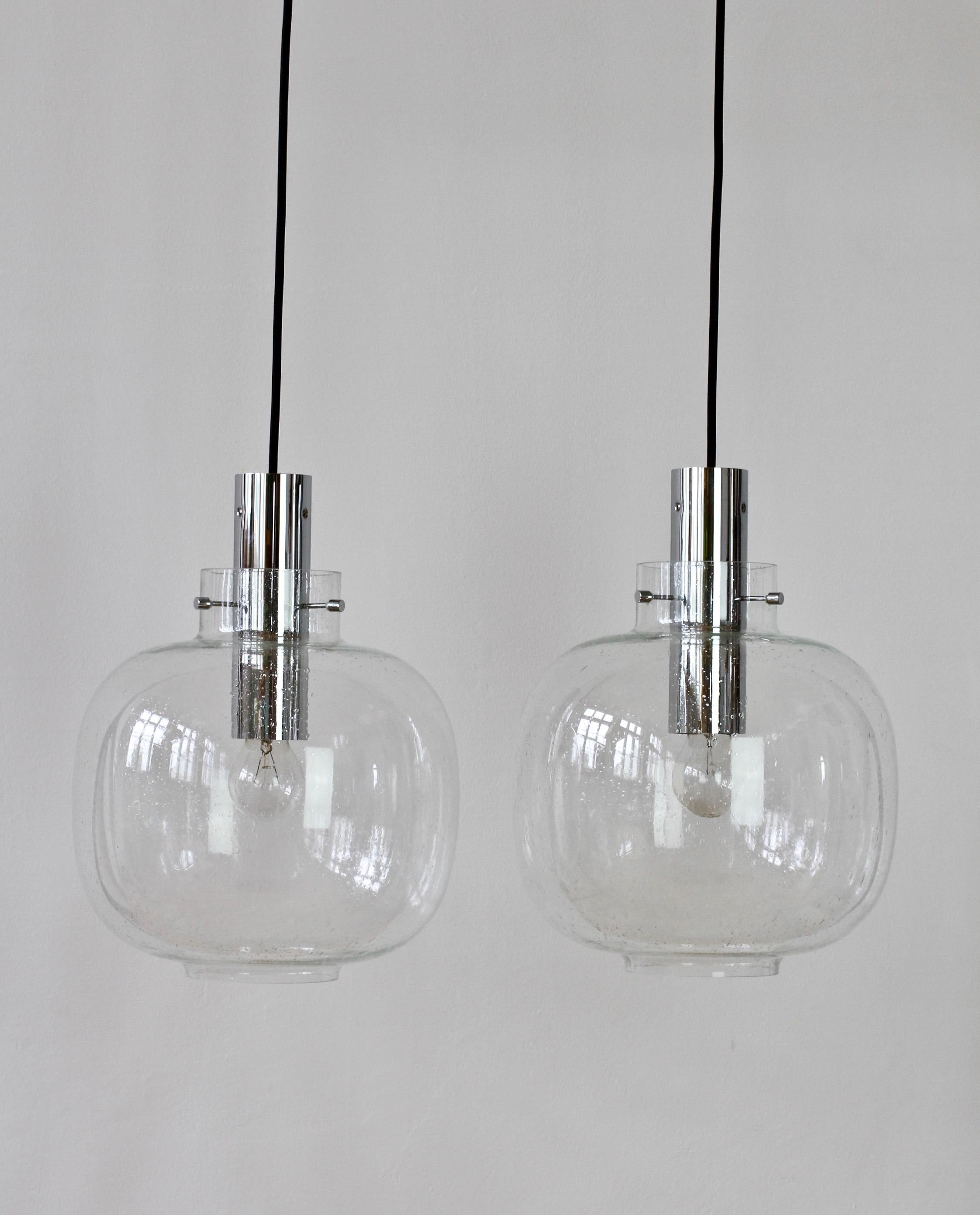 Molded Limburg Large Pair of Vintage 1970s Clear Bubble Glass and Chrome Pendant Lights For Sale