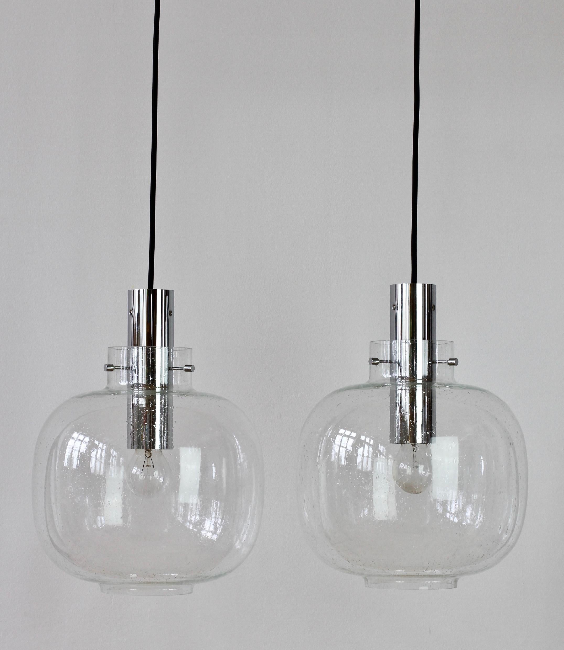 20th Century Limburg Large Pair of Vintage 1970s Clear Bubble Glass and Chrome Pendant Lights For Sale