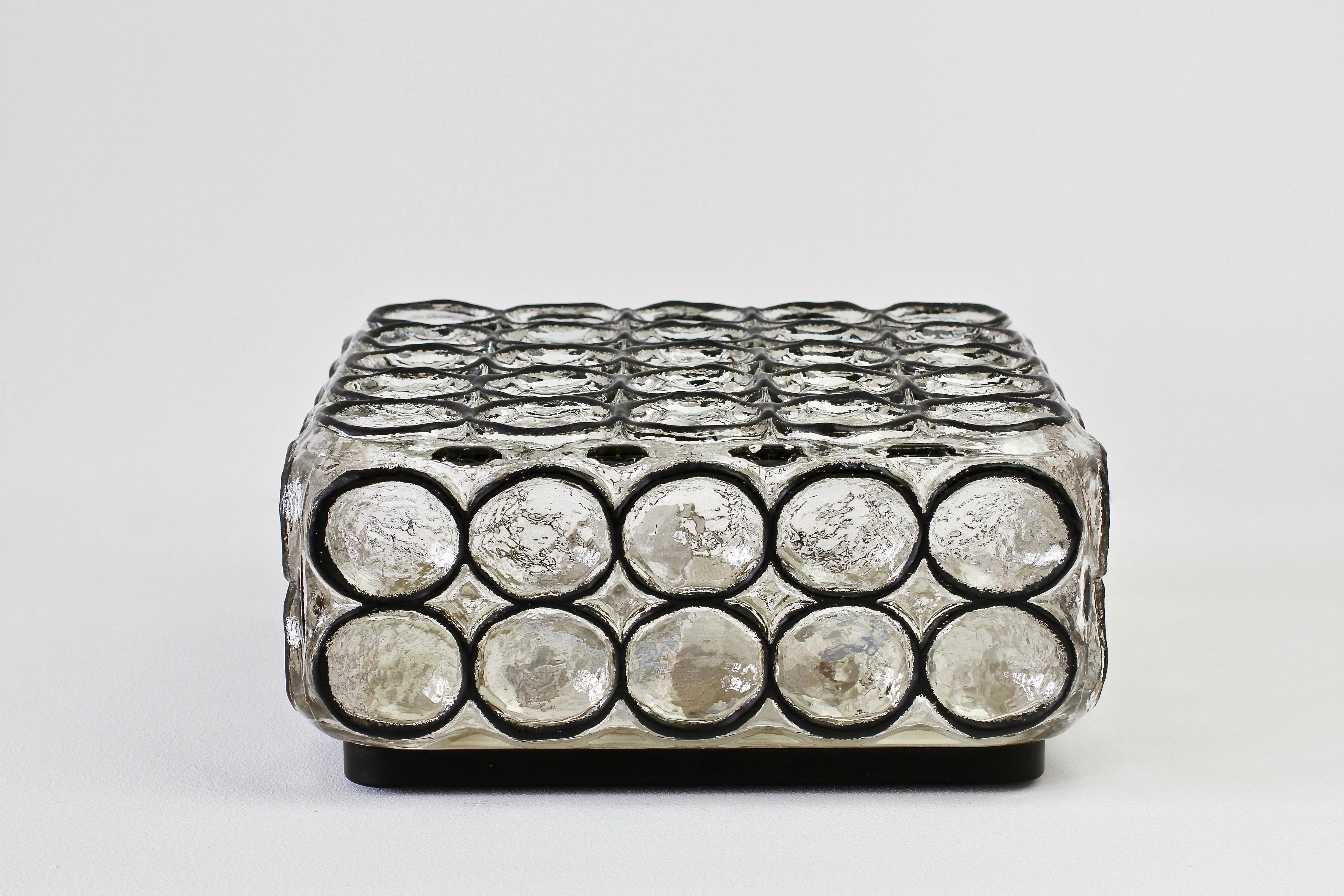 Mid-Century Modern 1 of 4 Limburg Large Square Iron Rings Glass Flushmount Ceiling Wall Light 1960s For Sale