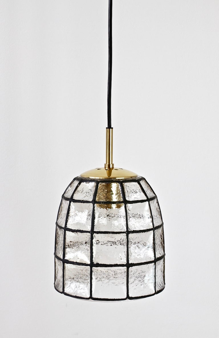German Limburg Midcentury Clear Glass and Brass Bell Pendant Light / Lamp, 1960s For Sale