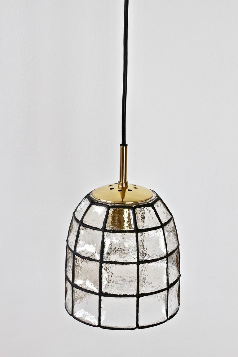 Molded Limburg Midcentury Clear Glass and Brass Bell Pendant Light / Lamp, 1960s For Sale