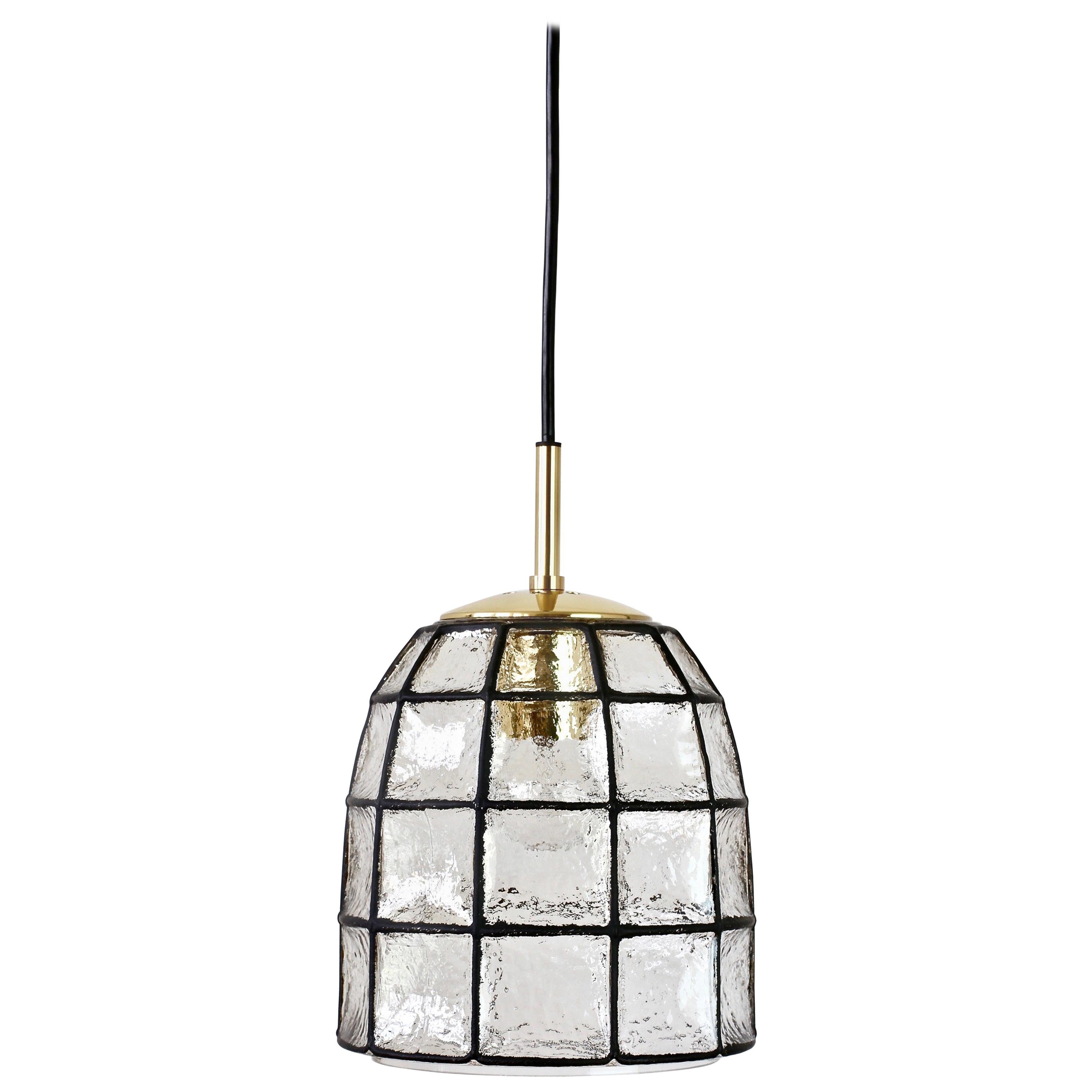 Limburg Midcentury Clear Glass and Brass Bell Pendant Light / Lamp, 1960s