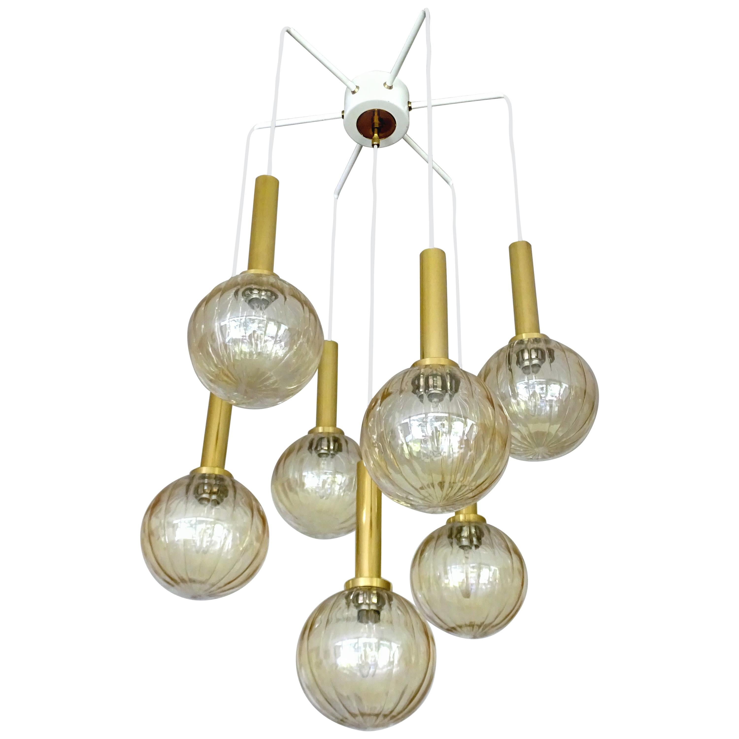 Mid-Century Modern Limburg Glass Brass Chandelier Pendants Light , Stilnovo Gio Ponti Era 