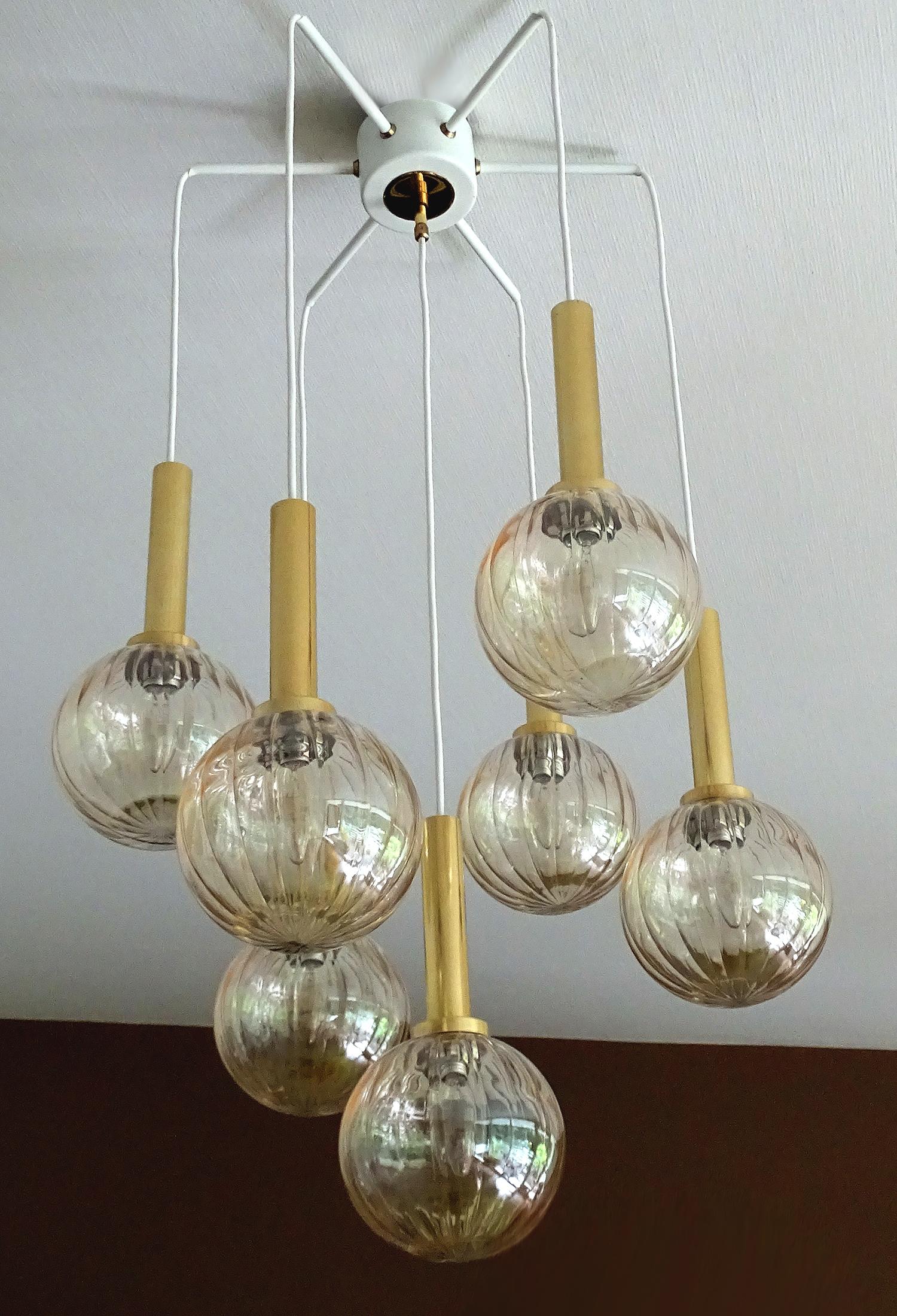 Late 20th Century Limburg Glass Brass Chandelier Pendants Light , Stilnovo Gio Ponti Era 