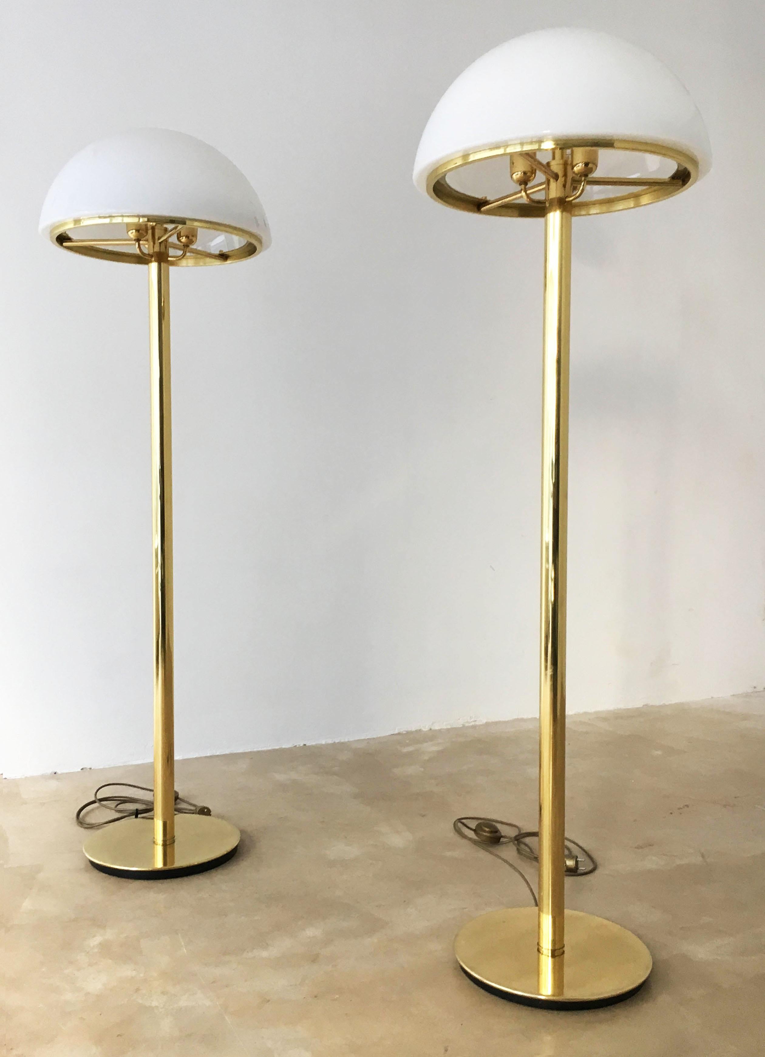Mid-Century Modern Limburg Mushroom Pair Floor Lamps Brass Satin Glass, Germany, 1970s For Sale