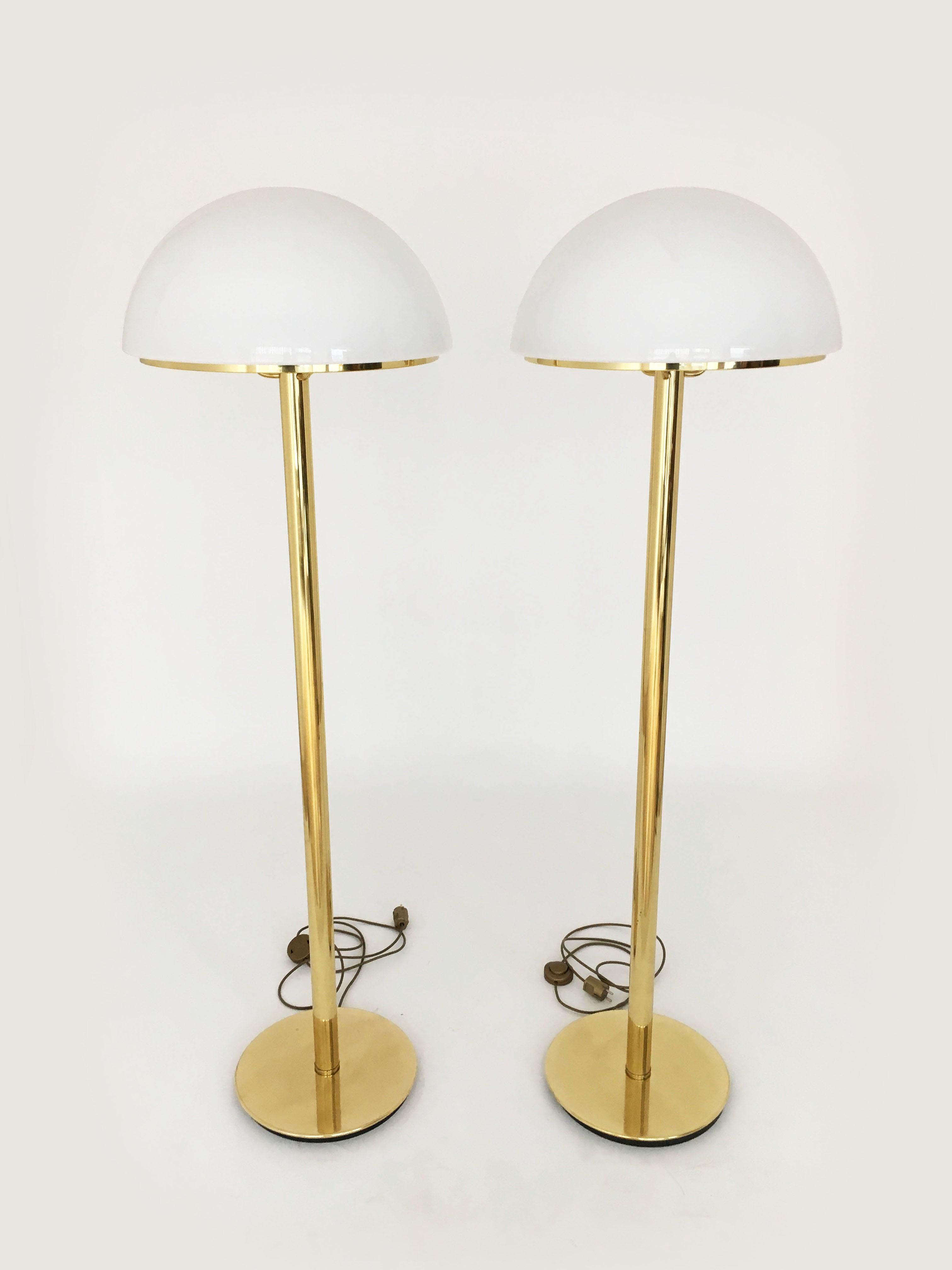 Limburg Mushroom Pair Floor Lamps Brass Satin Glass, Germany, 1970s In Good Condition For Sale In Vienna, Vienna