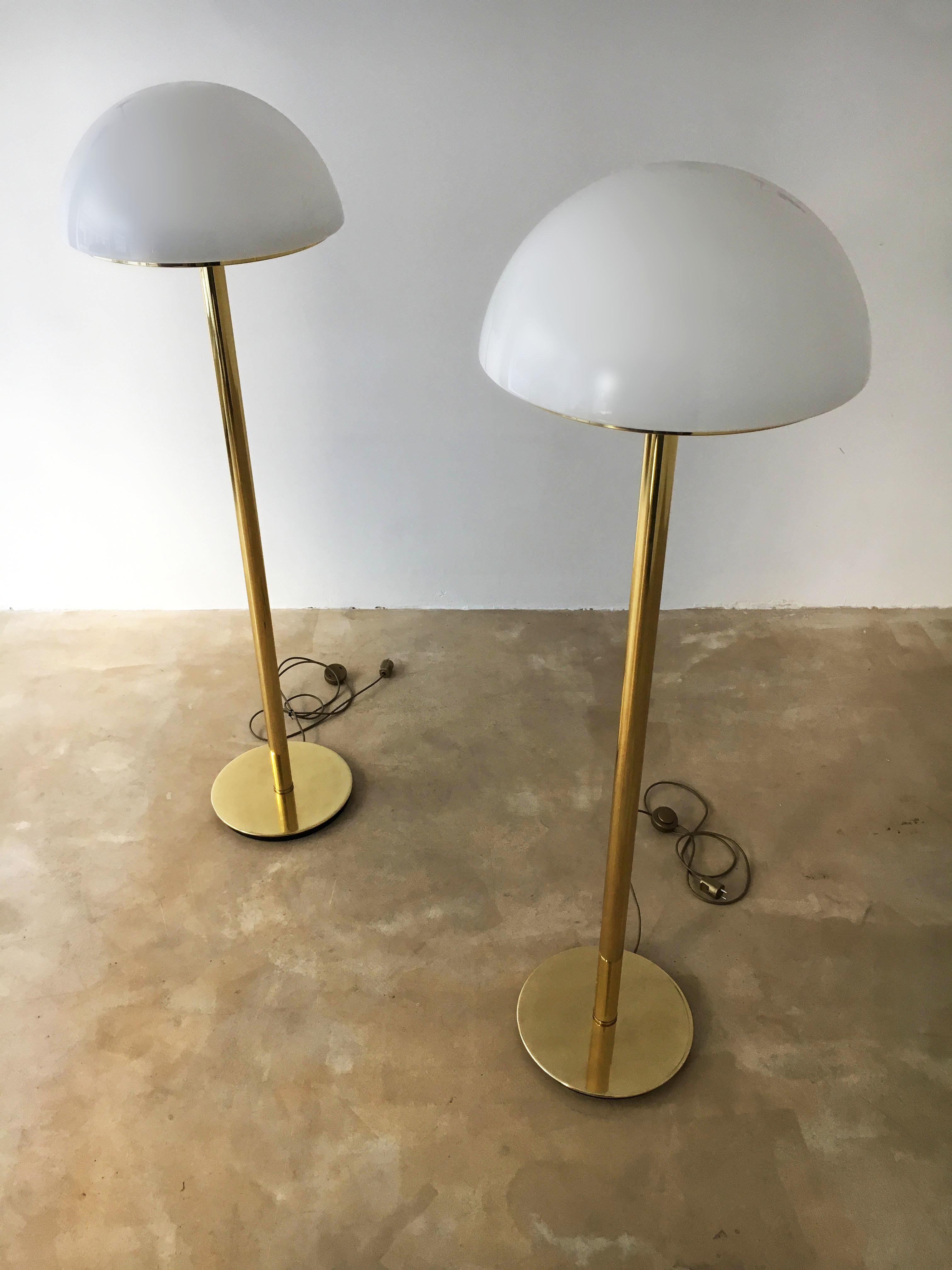 Late 20th Century Limburg Mushroom Pair Floor Lamps Brass Satin Glass, Germany, 1970s For Sale