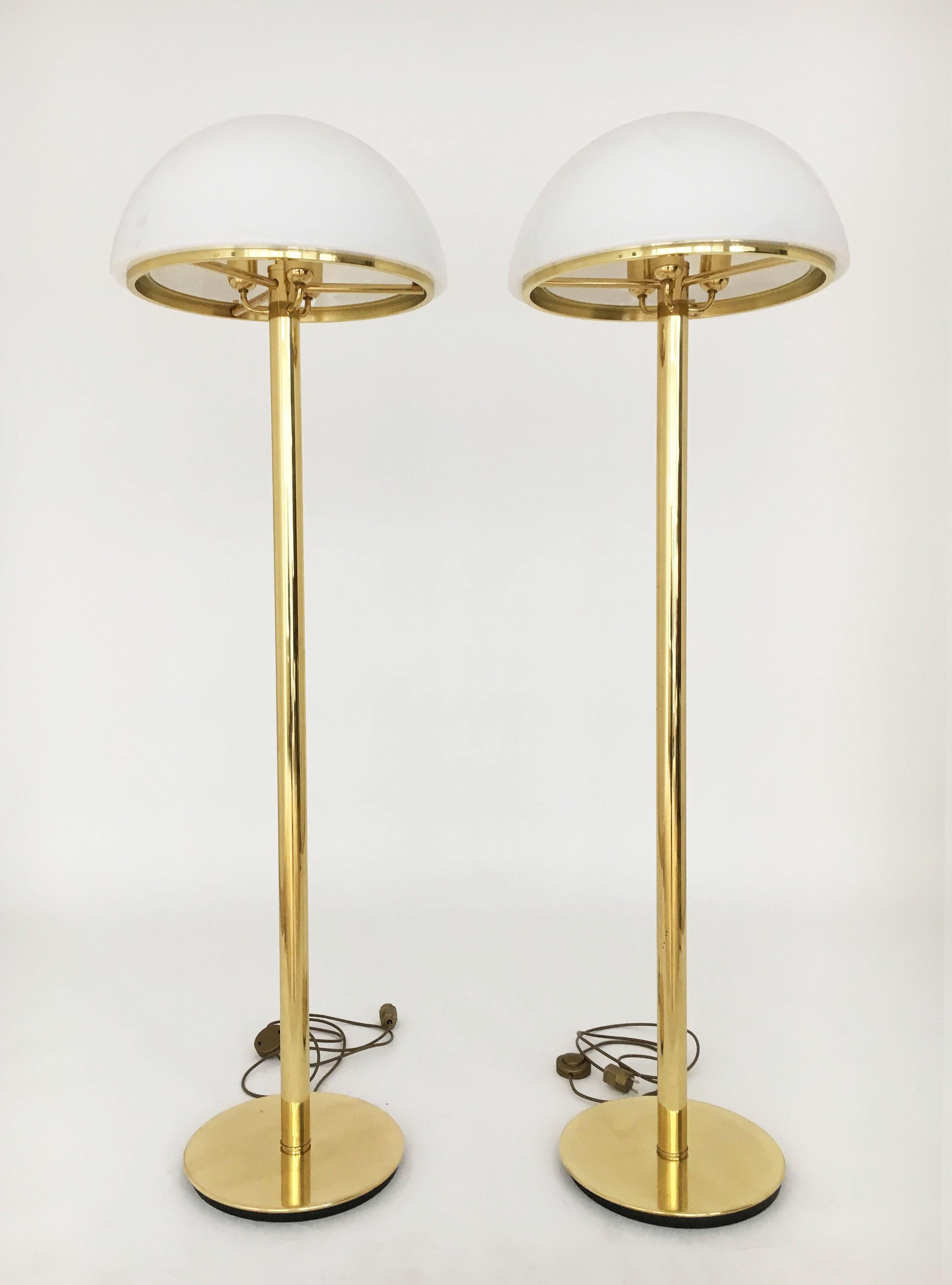Limburg Mushroom Pair Floor Lamps Brass Satin Glass, Germany, 1970s For Sale 1