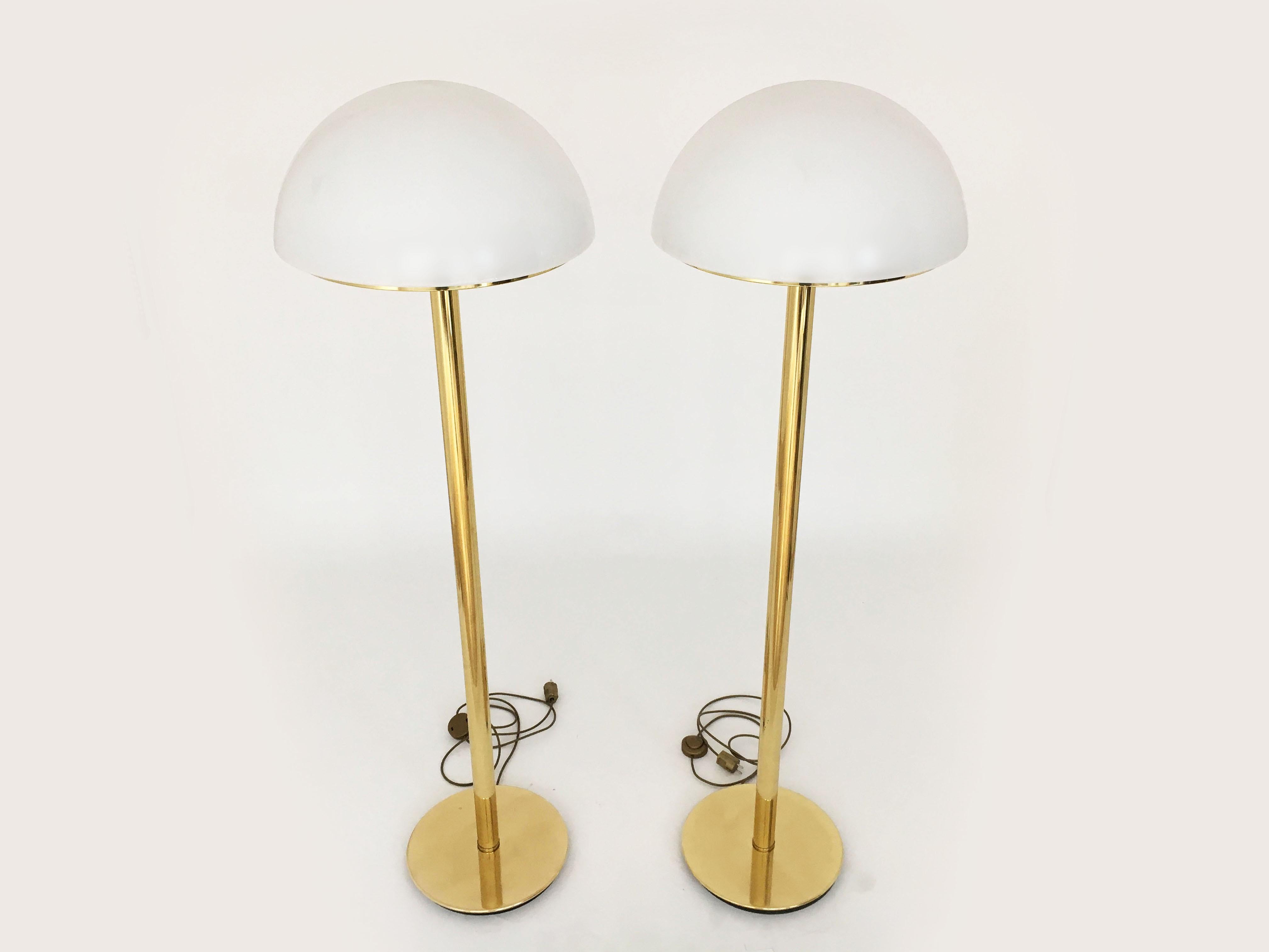 Limburg Mushroom Pair Floor Lamps Brass Satin Glass, Germany, 1970s For Sale 2