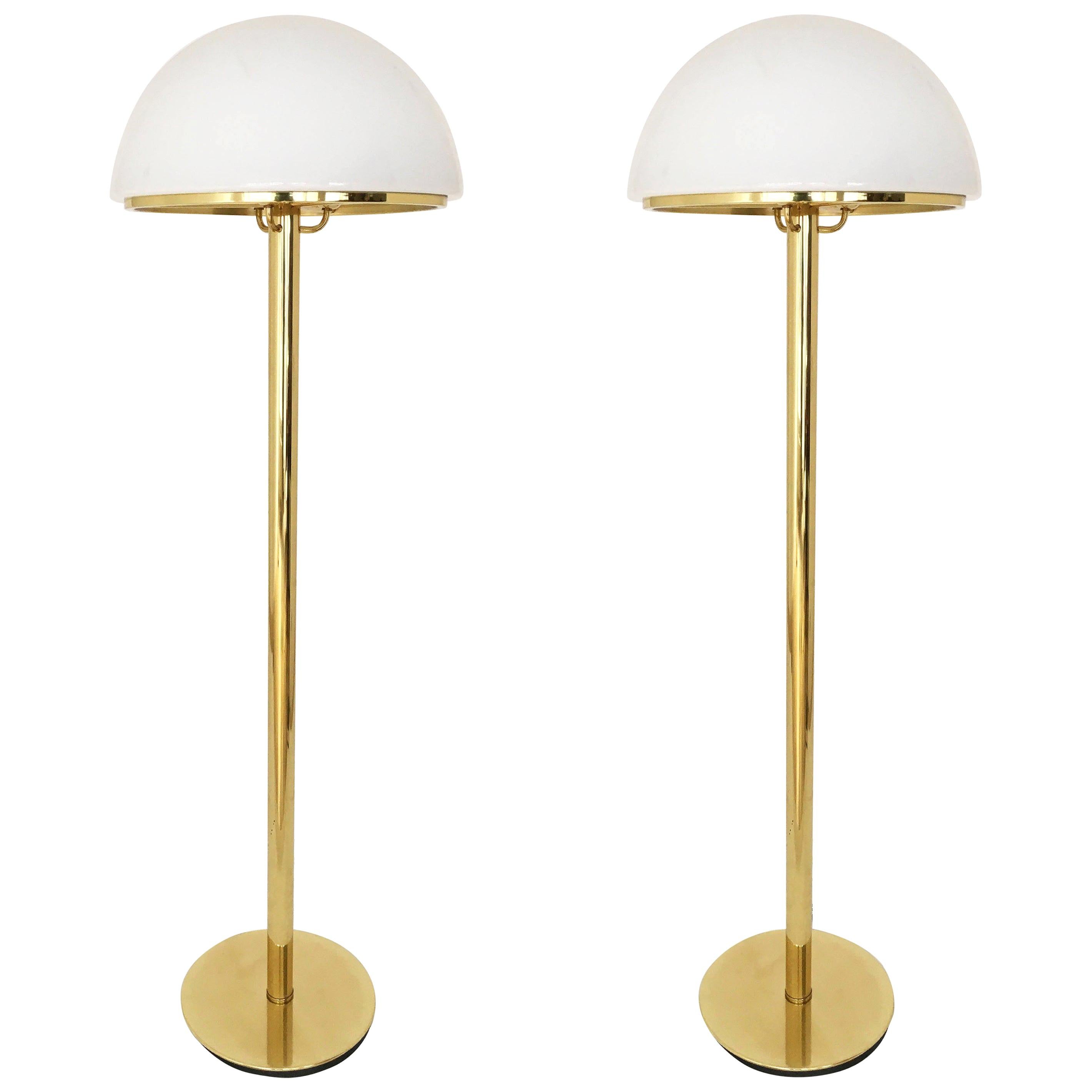 Limburg Mushroom Pair Floor Lamps Brass Satin Glass, Germany, 1970s For Sale