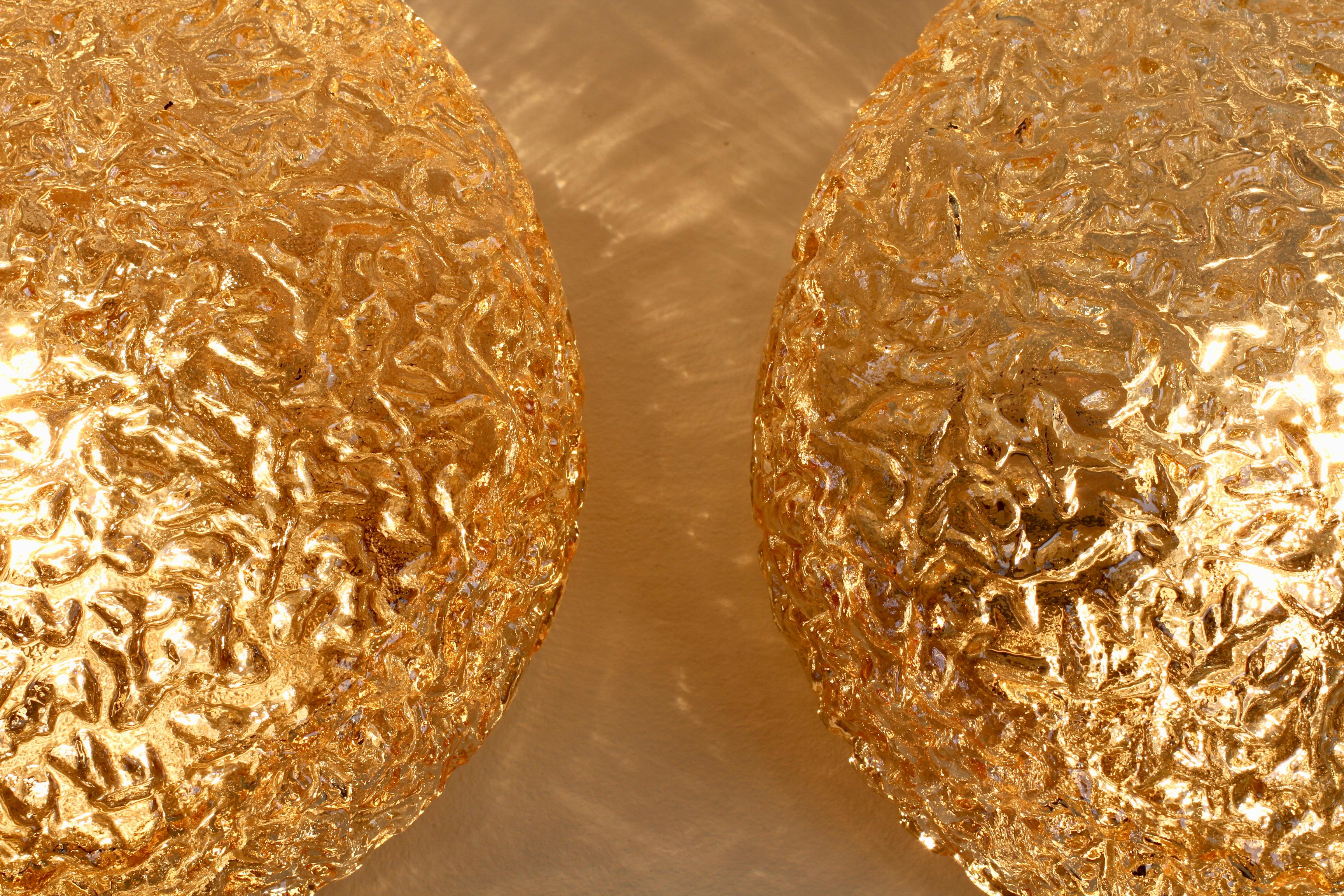 Limburg 'NOS' Pair of 1970s Vintage Textured Amber Ice Glass Flush Mount Lights For Sale 6