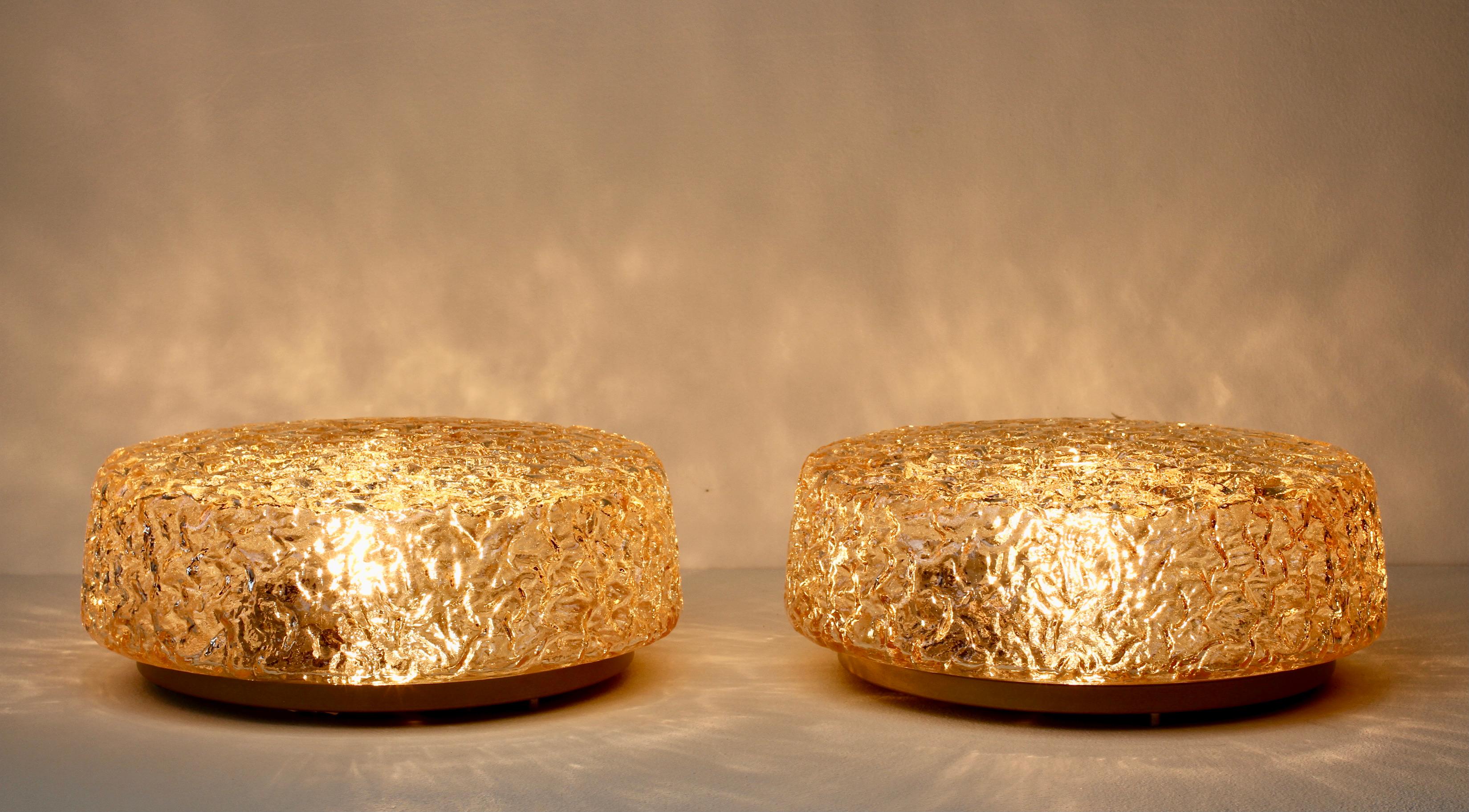 20th Century Limburg 'NOS' Pair of 1970s Vintage Textured Amber Ice Glass Flush Mount Lights For Sale