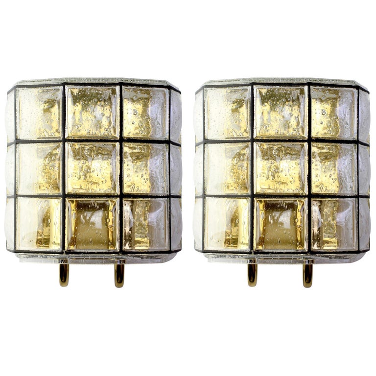 Lot de 2 appliques murales en Laiton doré et verre épais - Décoration