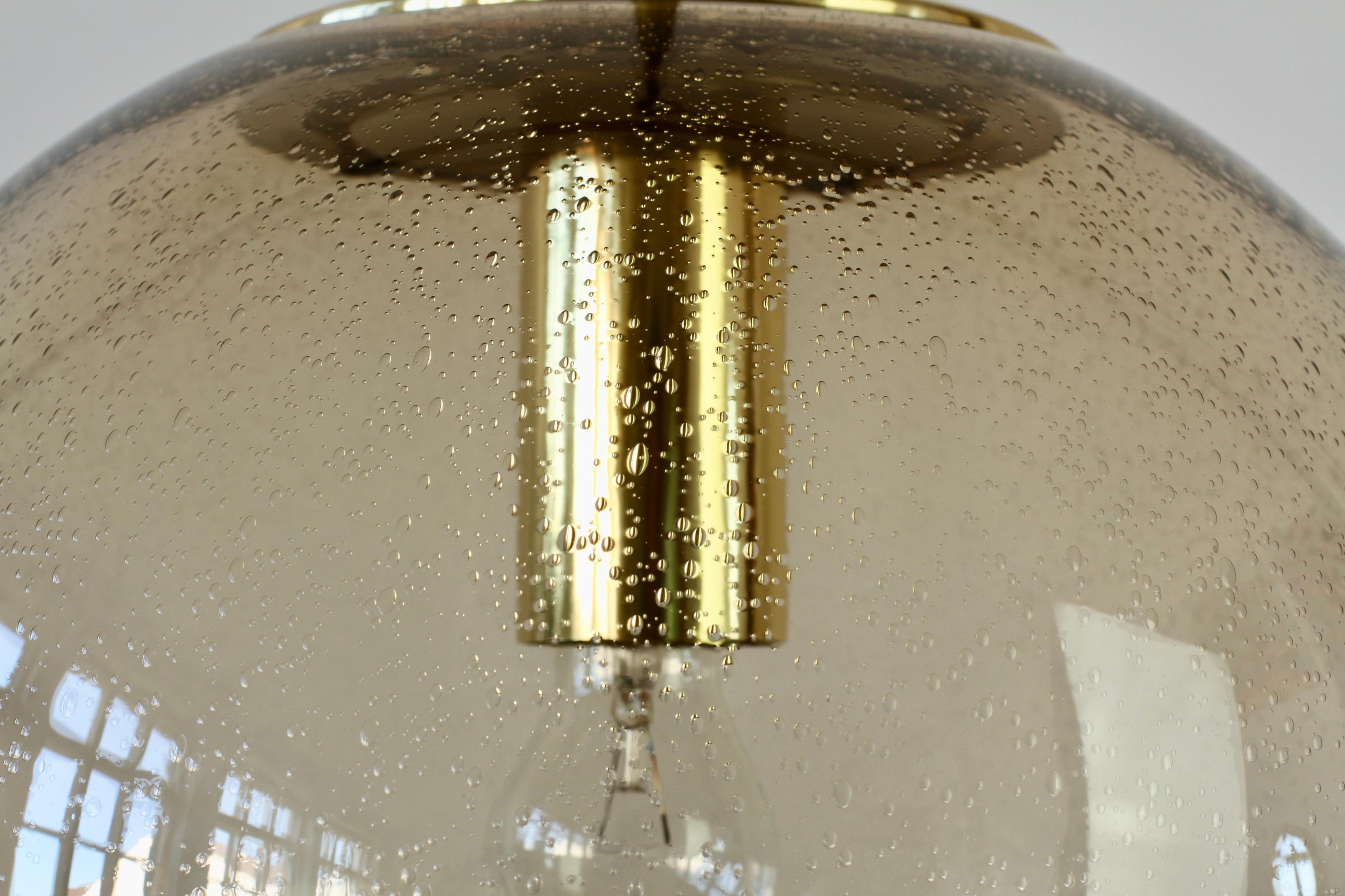 20th Century Limburg One of a Pair of Large Vintage Smoked Glass and Brass Pendant Light Lamp