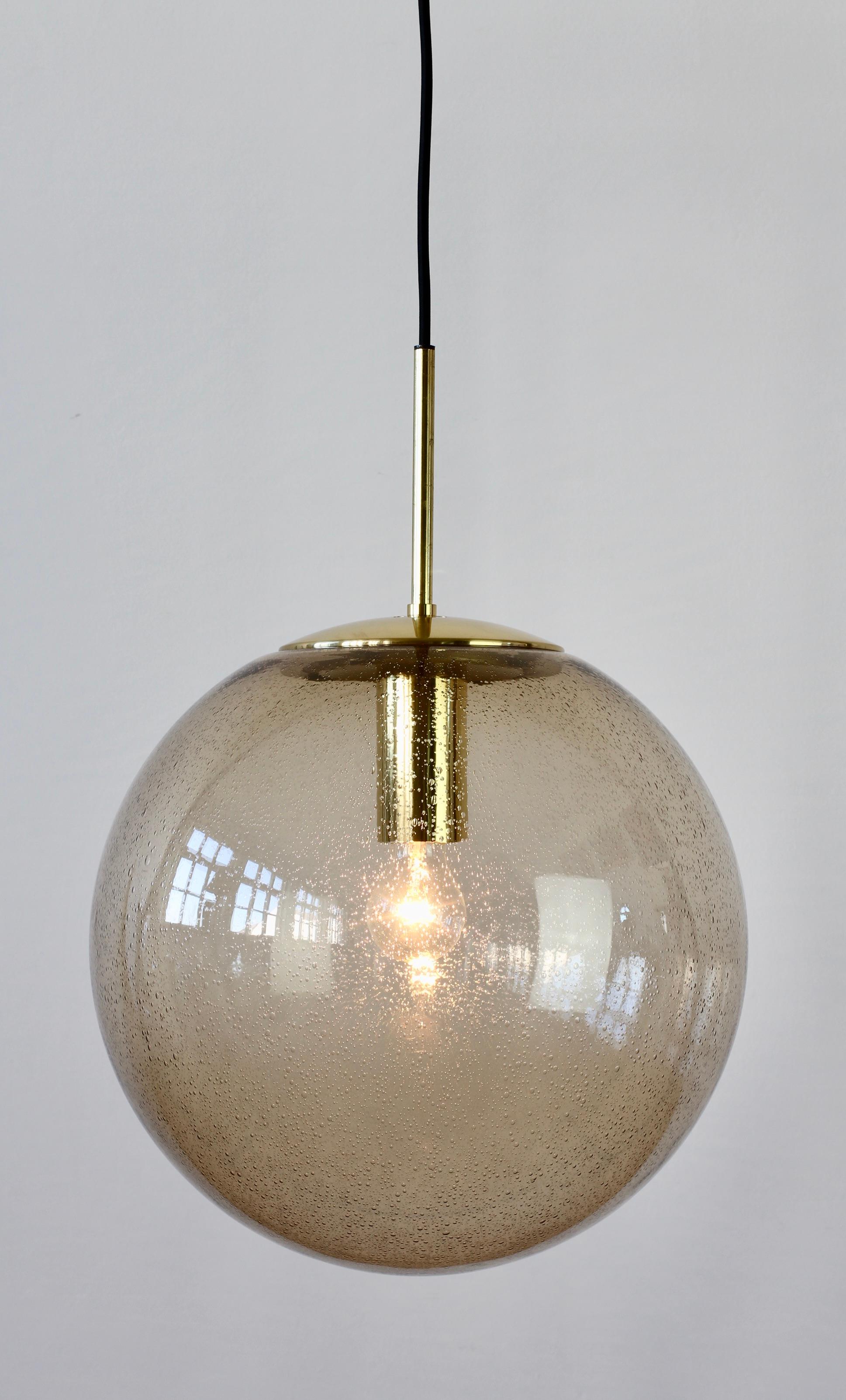 Mid-Century Modern Limburg One of a Pair of Large Vintage Smoked Glass and Brass Pendant Light Lamp