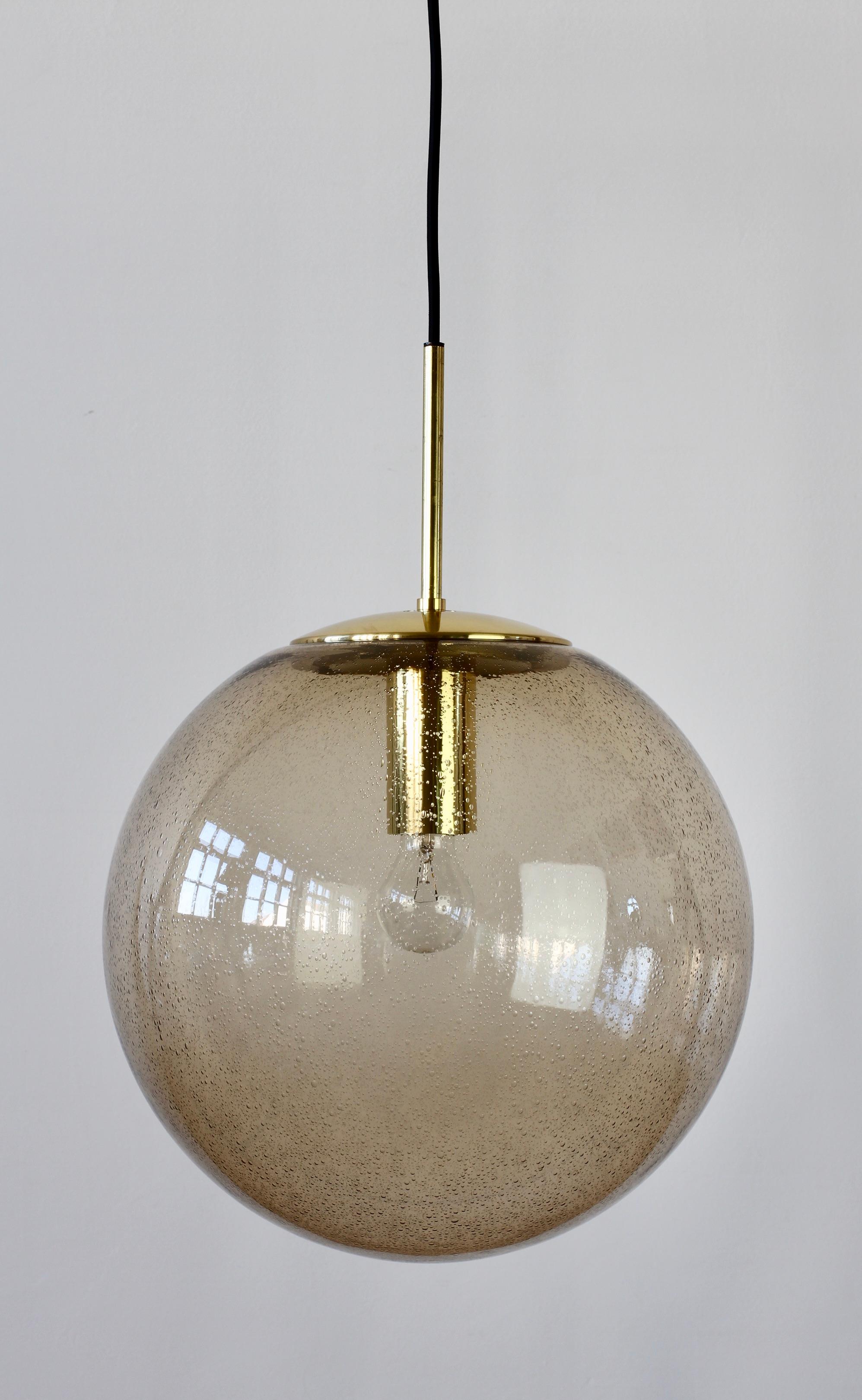 German Limburg One of a Pair of Large Vintage Smoked Glass and Brass Pendant Light Lamp