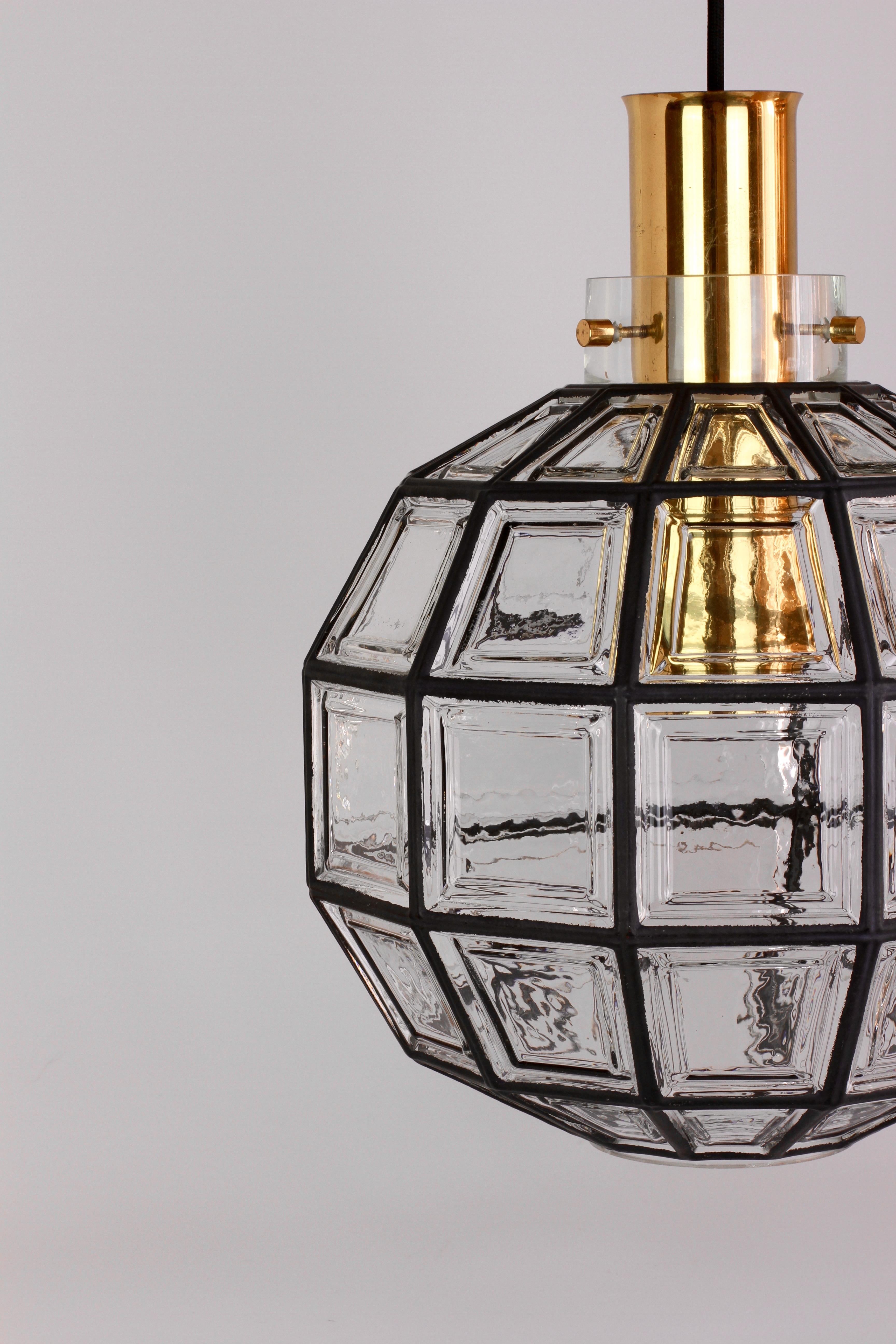 German Limburg One of Three Large Brass Iron & Clear Glass Round Pendant Lights C.1965 For Sale