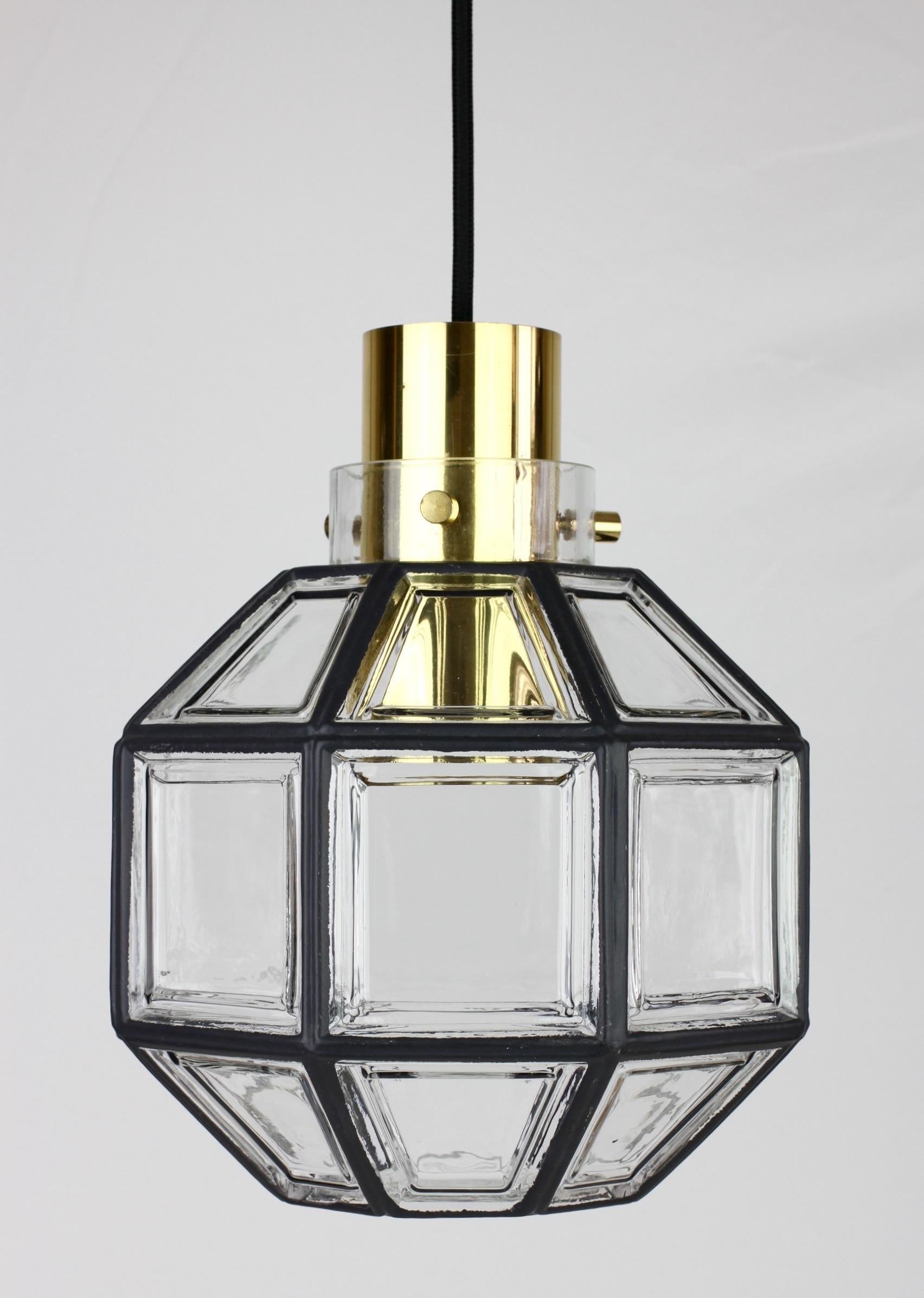 German Limburg Pair of Art Deco Style 'Iron' Glass & Brass Geometric Pendant Lights For Sale