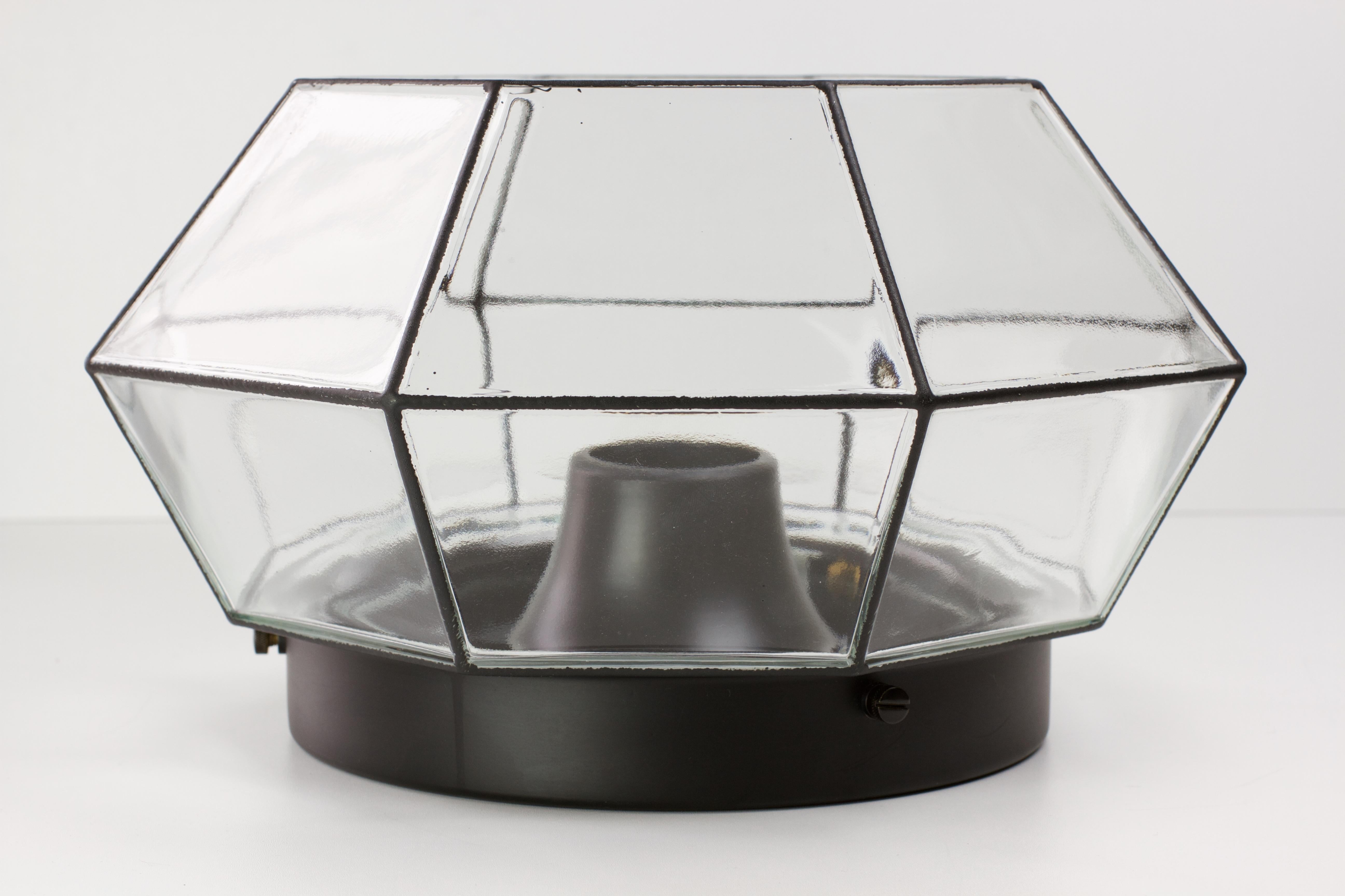 Molded Limburg Pair of Large Geometric Black and Clear Glass Flush Mount Lights 1970s For Sale
