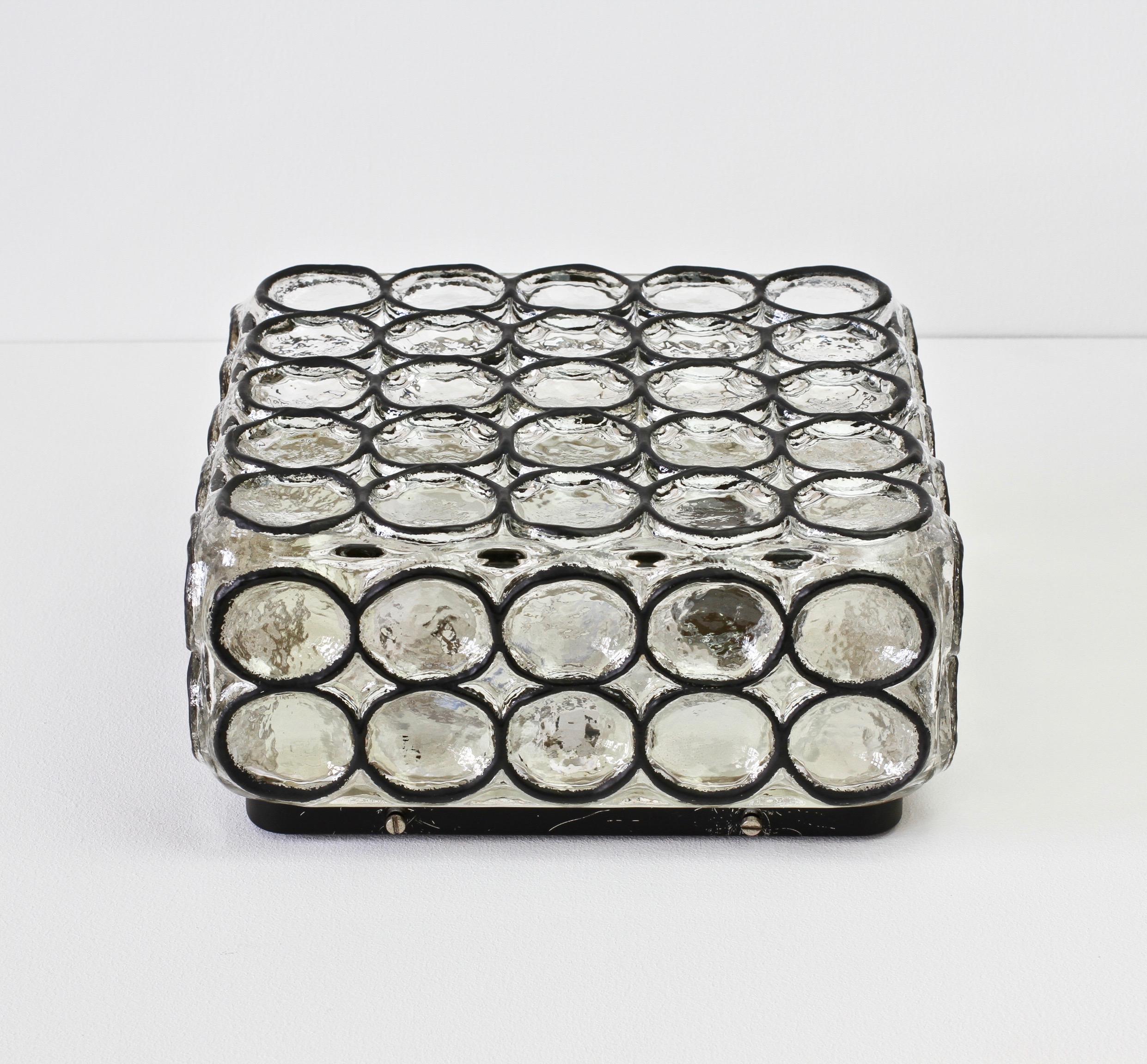 German Limburg Pair of Large Square Iron Rings Glass Flush Mount Wall Lights, 1960s For Sale