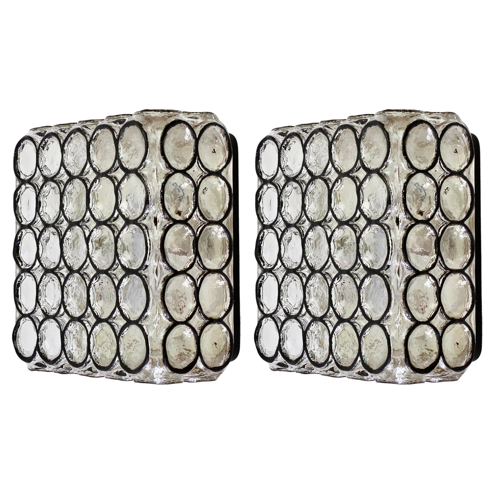 Limburg Pair of Large Square Iron Rings Glass Flush Mount Wall Lights, 1960s