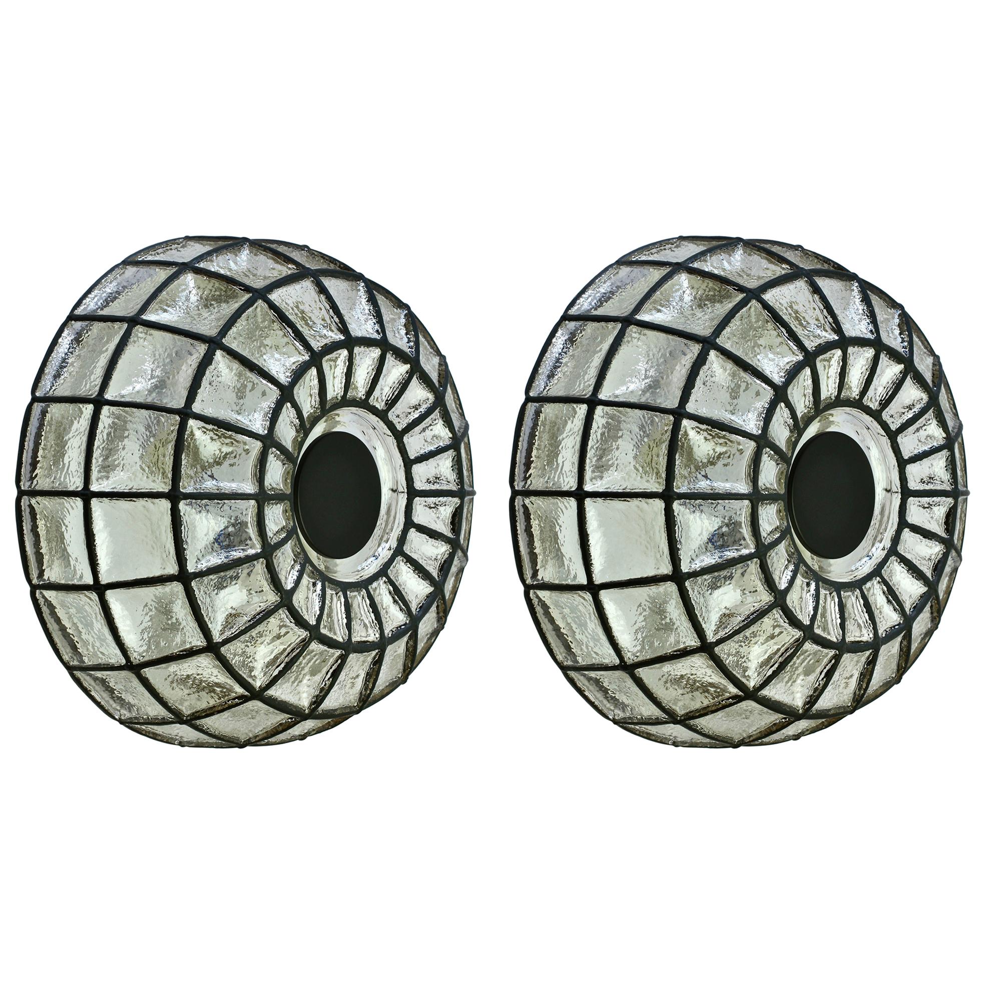 Limburg Pair of Large Vintage 1960s Black Iron & Glass Domed Wall Lights / Lamps