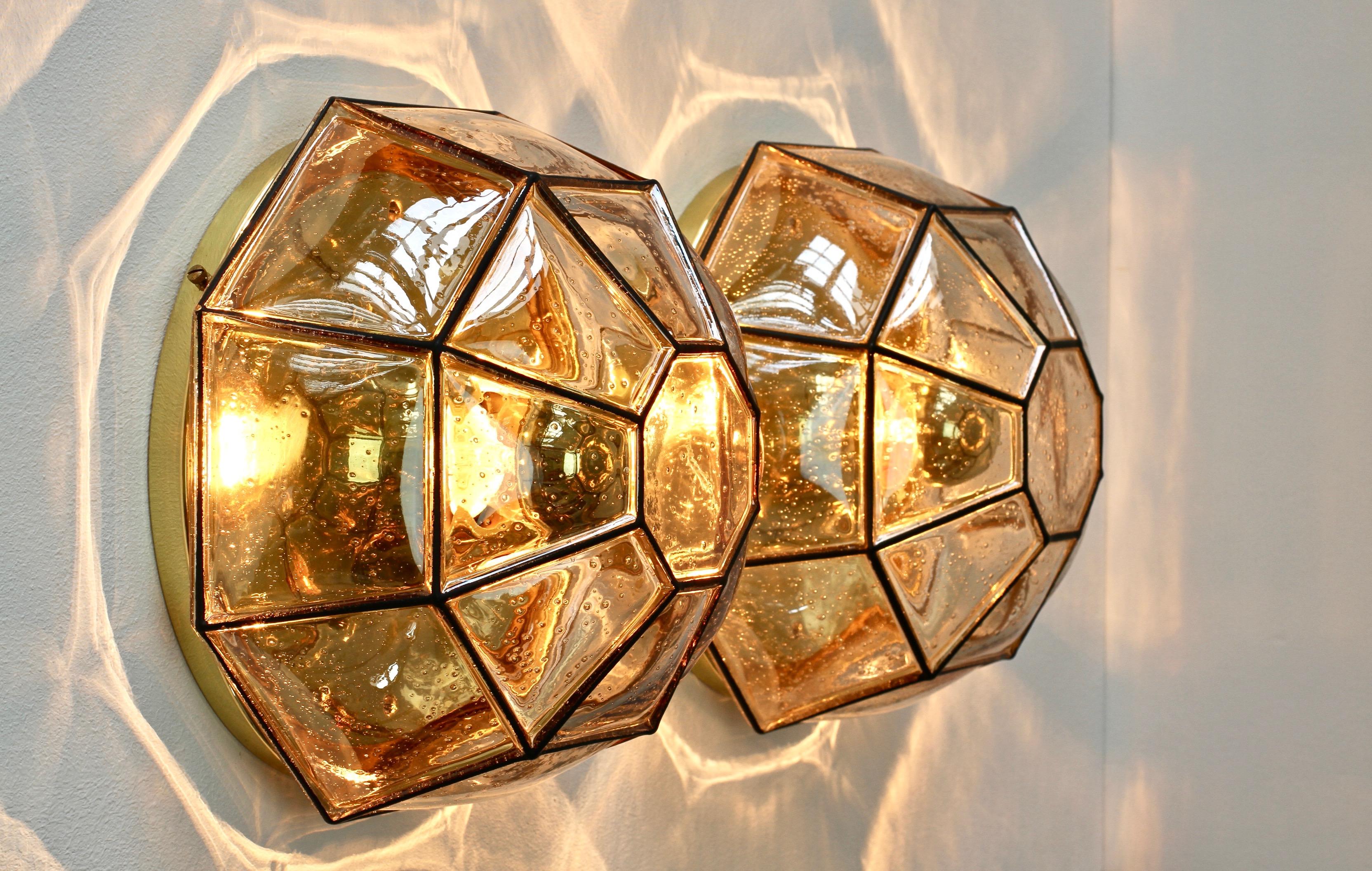 Limburg Pair of Large Vintage Iron Bubble Glass & Brass Flush Mount Wall Lights For Sale 4