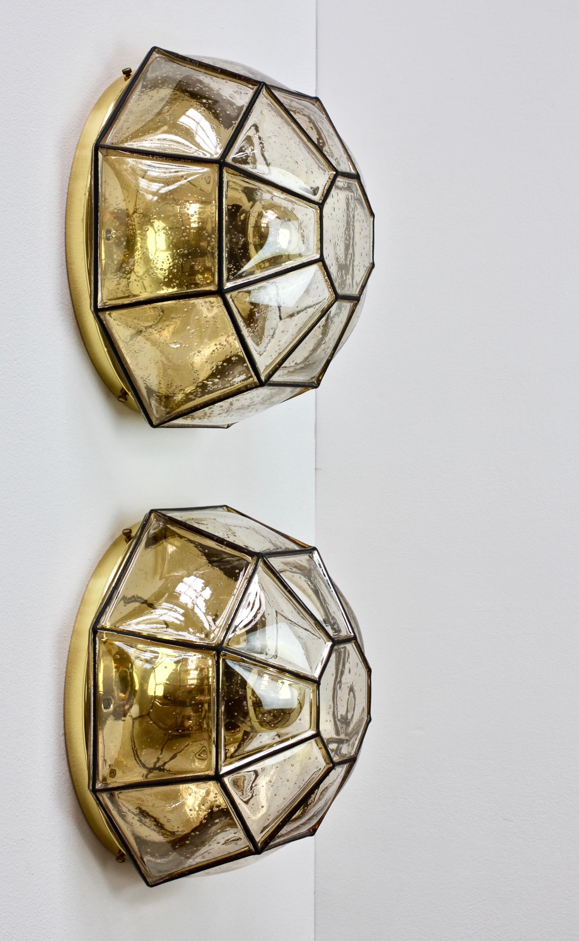 German Limburg Pair of Large Vintage Iron Bubble Glass & Brass Flush Mount Wall Lights For Sale