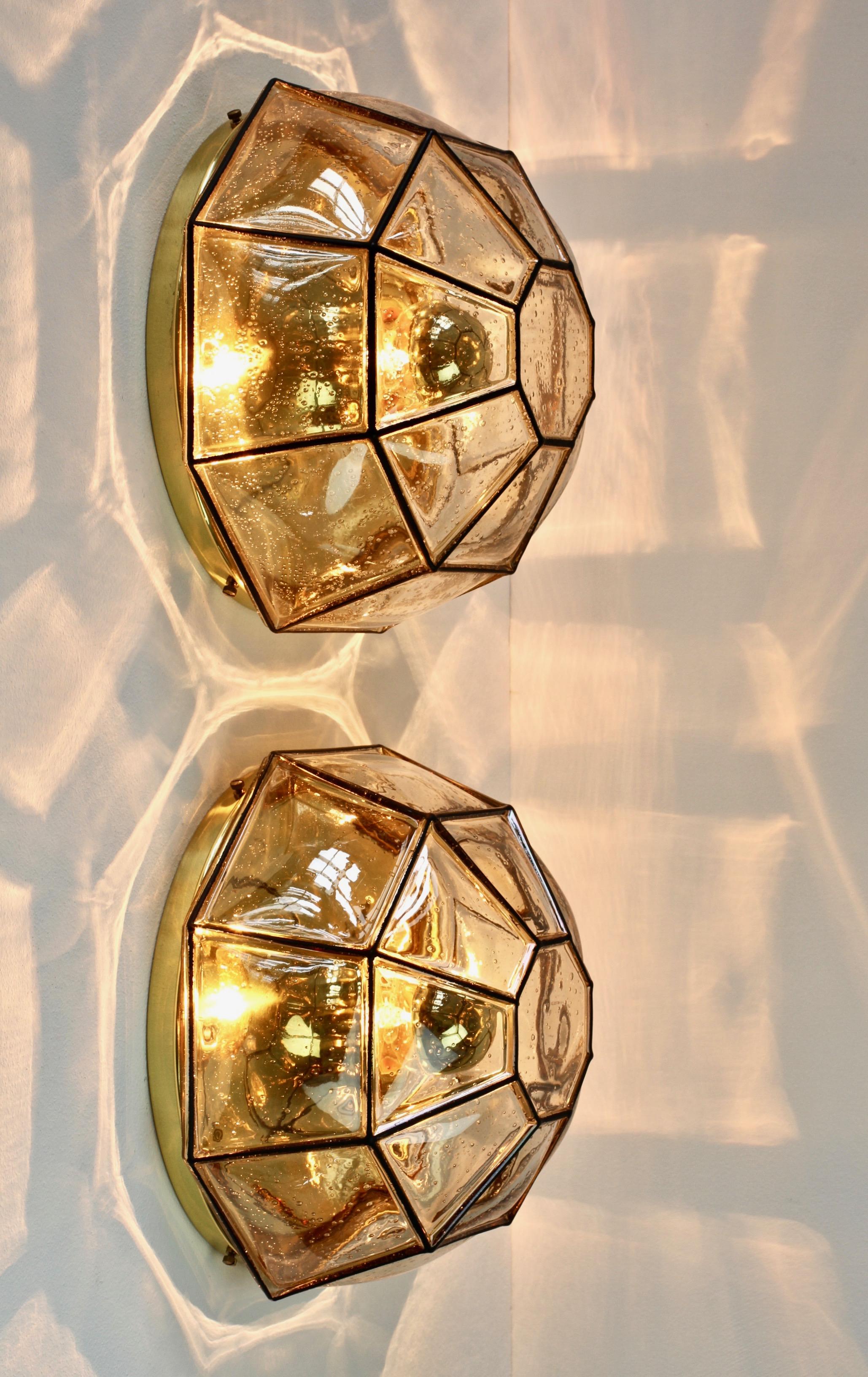 Enameled Limburg Pair of Large Vintage Iron Bubble Glass & Brass Flush Mount Wall Lights For Sale