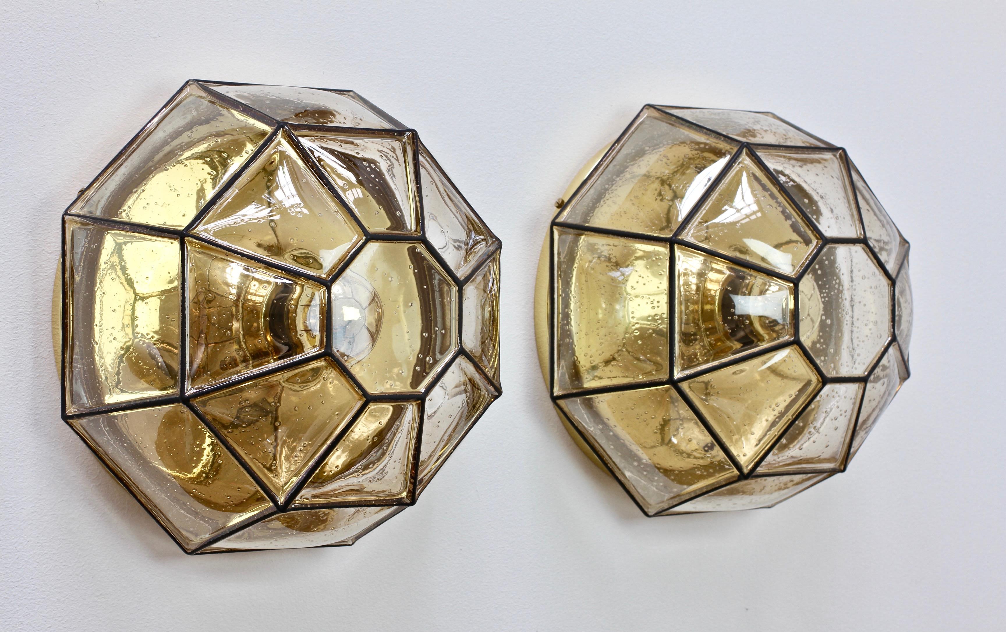 20th Century Limburg Pair of Large Vintage Iron Bubble Glass & Brass Flush Mount Wall Lights For Sale