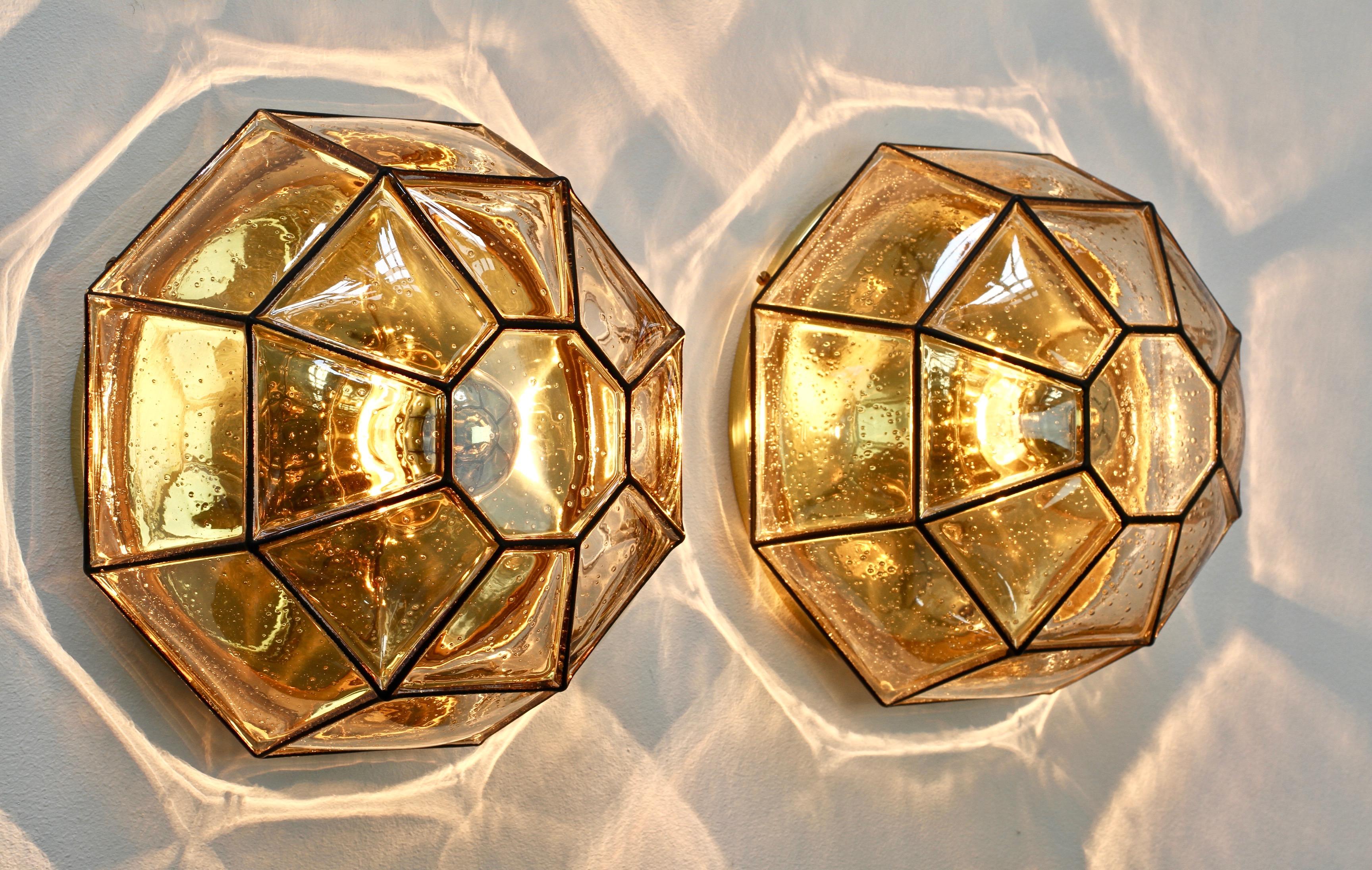 Limburg Pair of Large Vintage Iron Bubble Glass & Brass Flush Mount Wall Lights For Sale 1