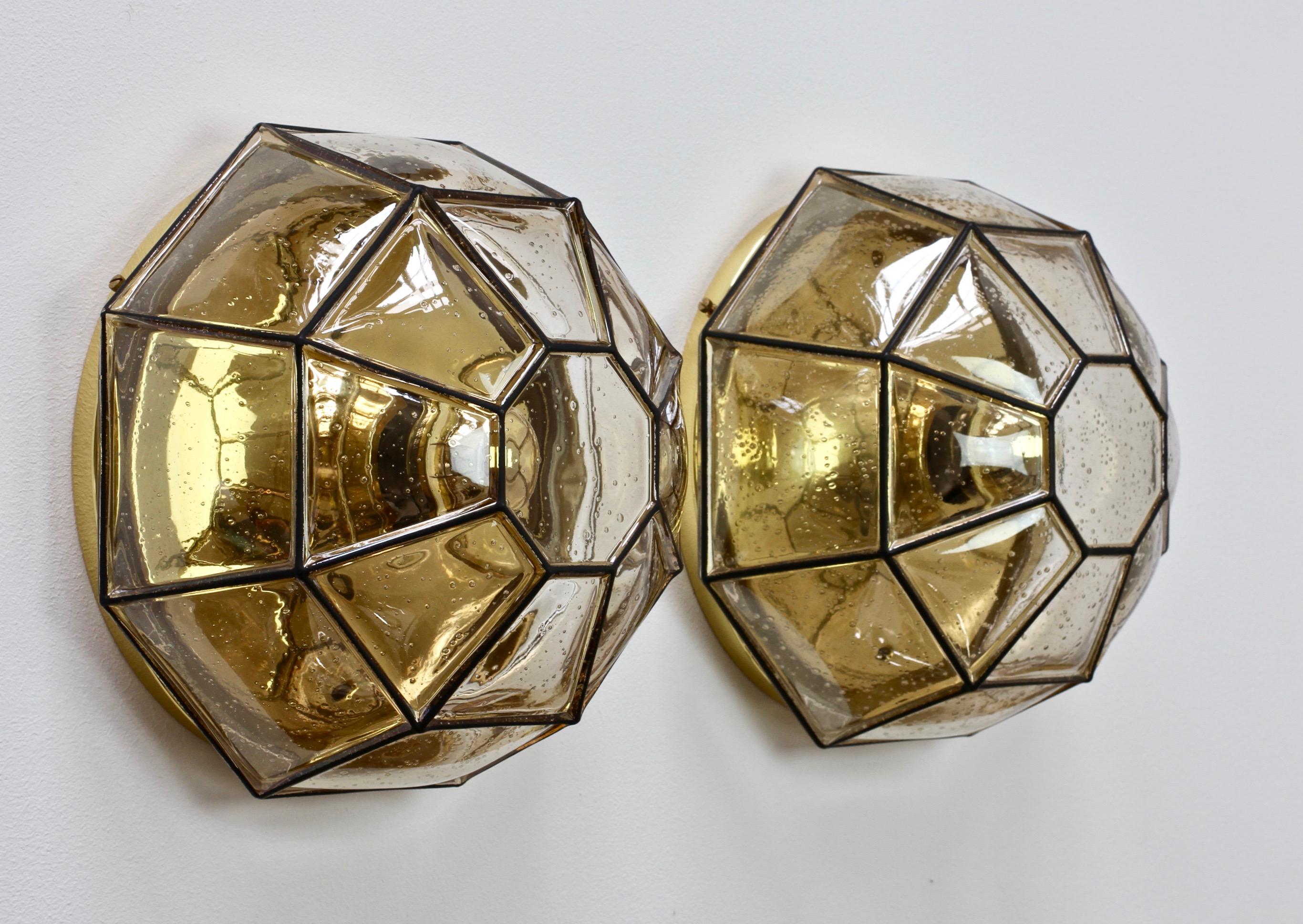 Limburg Pair of Large Vintage Iron Bubble Glass & Brass Flush Mount Wall Lights For Sale 2