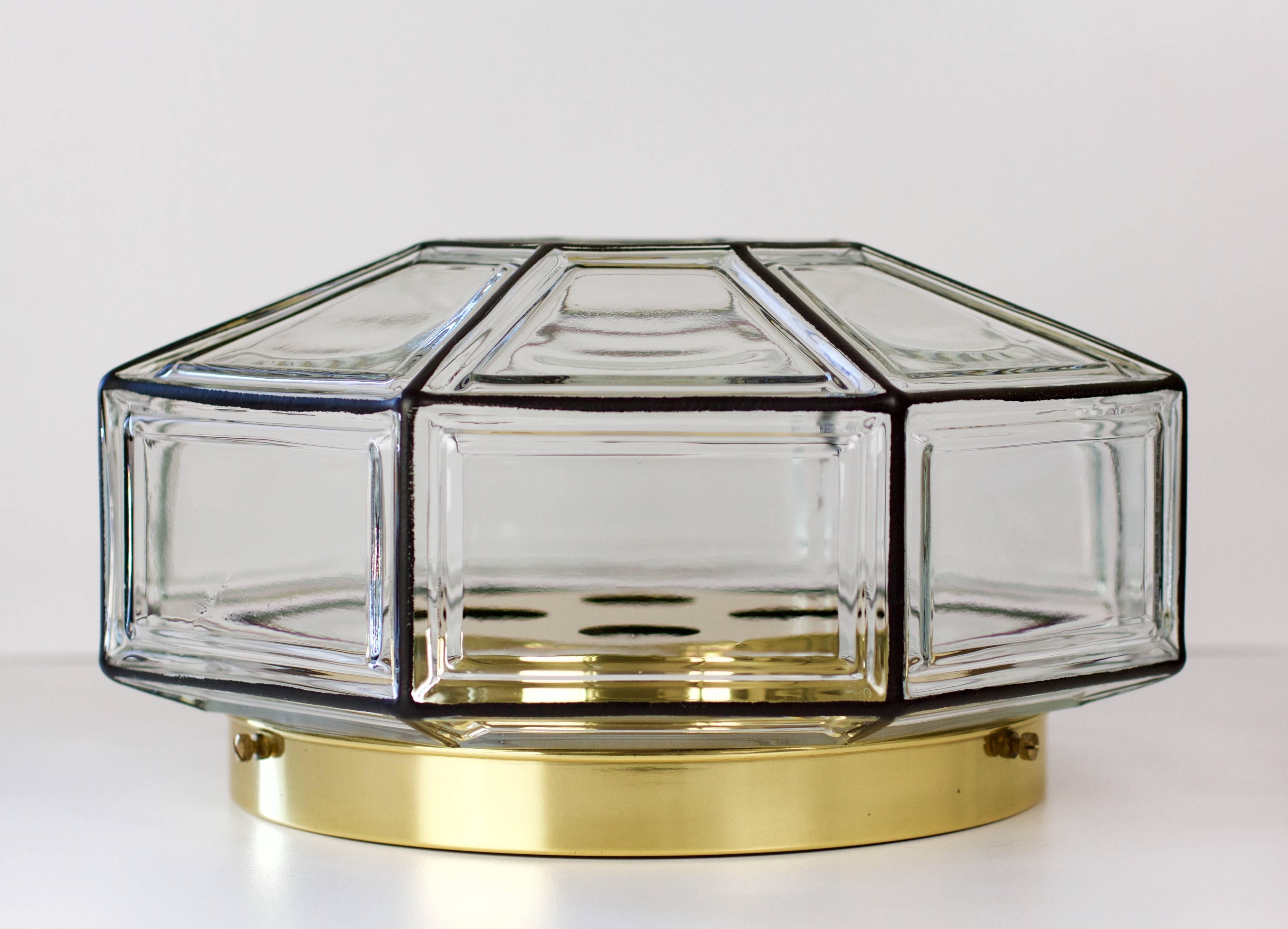 Mid-Century Modern Limburg Pair of Large Vintage Octagonal Iron & Clear Glass Flushmount Lights For Sale