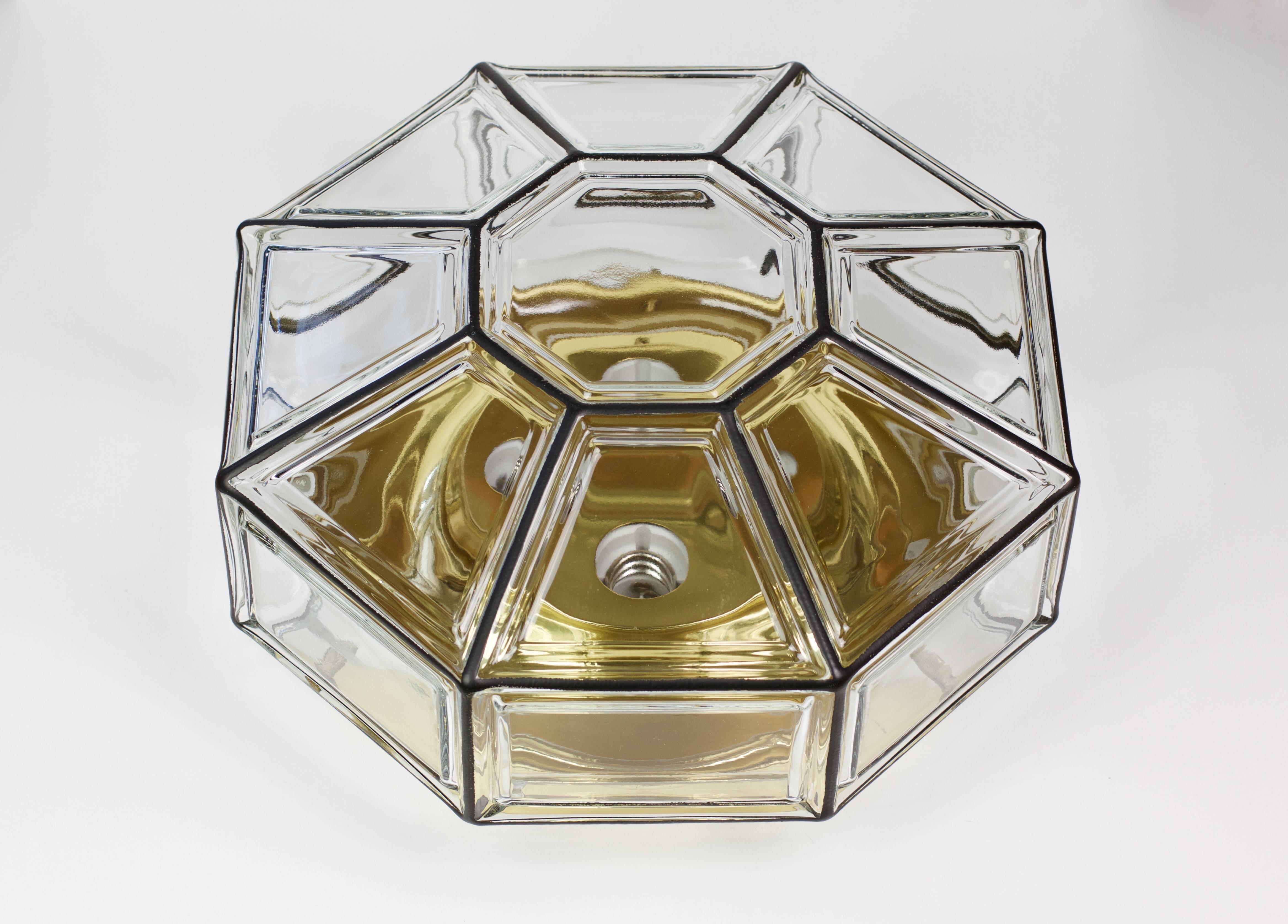 Molded Limburg Pair of Large Vintage Octagonal Iron & Clear Glass Flushmount Lights For Sale