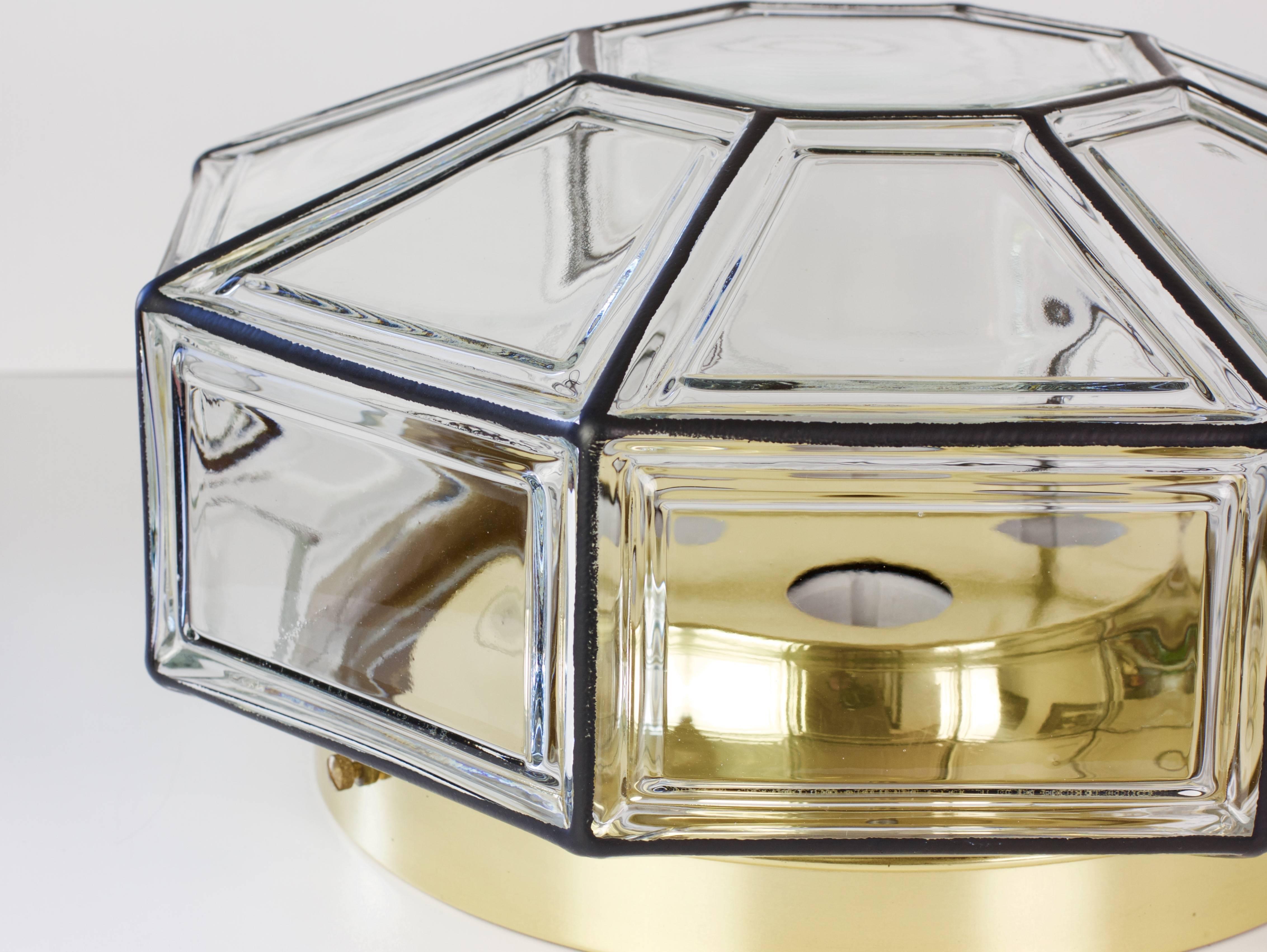 20th Century Limburg Pair of Large Vintage Octagonal Iron & Clear Glass Flushmount Lights For Sale