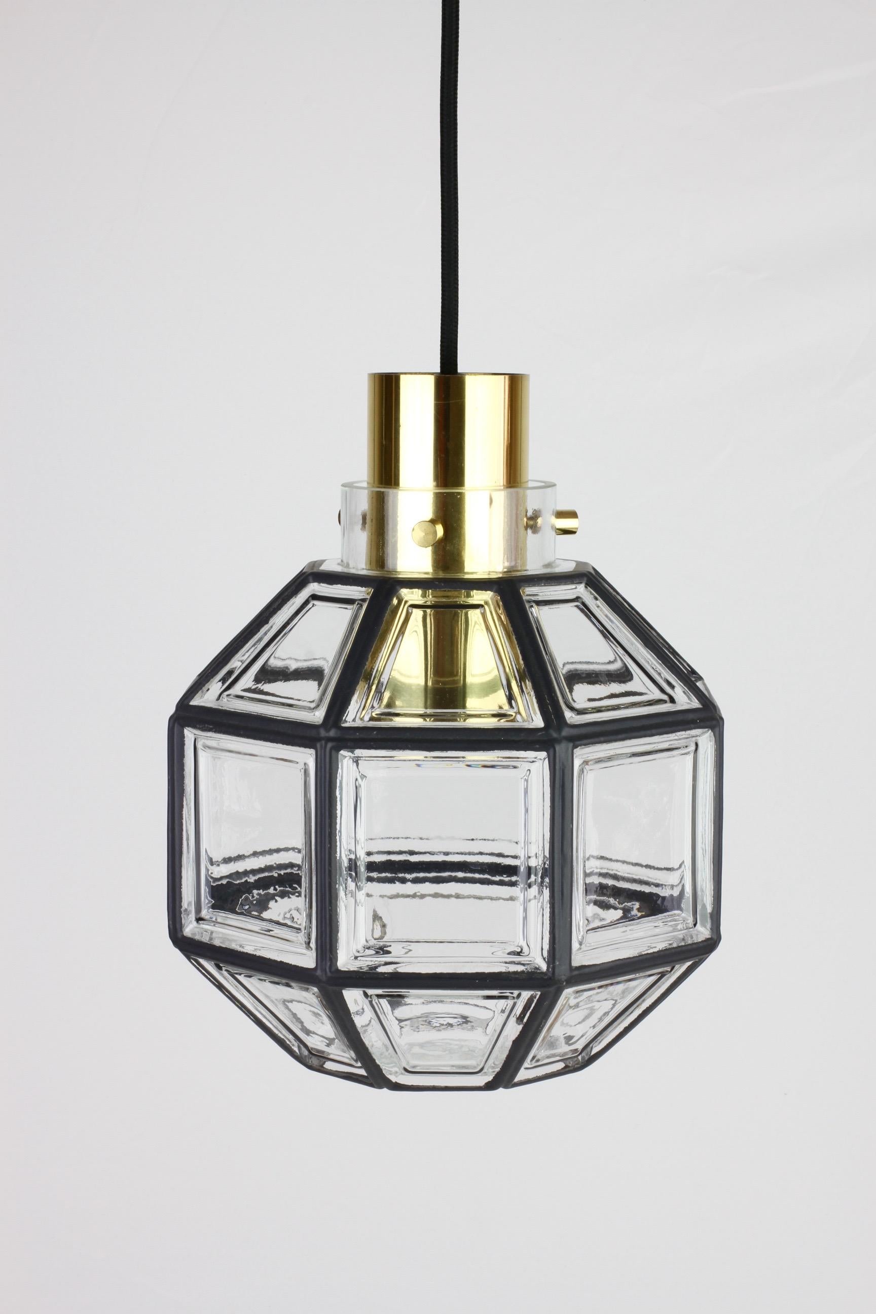Mid-Century Modern Limburg Pair of Mid-Century Art Deco Iron Brass & Glass Pendant Lights, 1960s For Sale