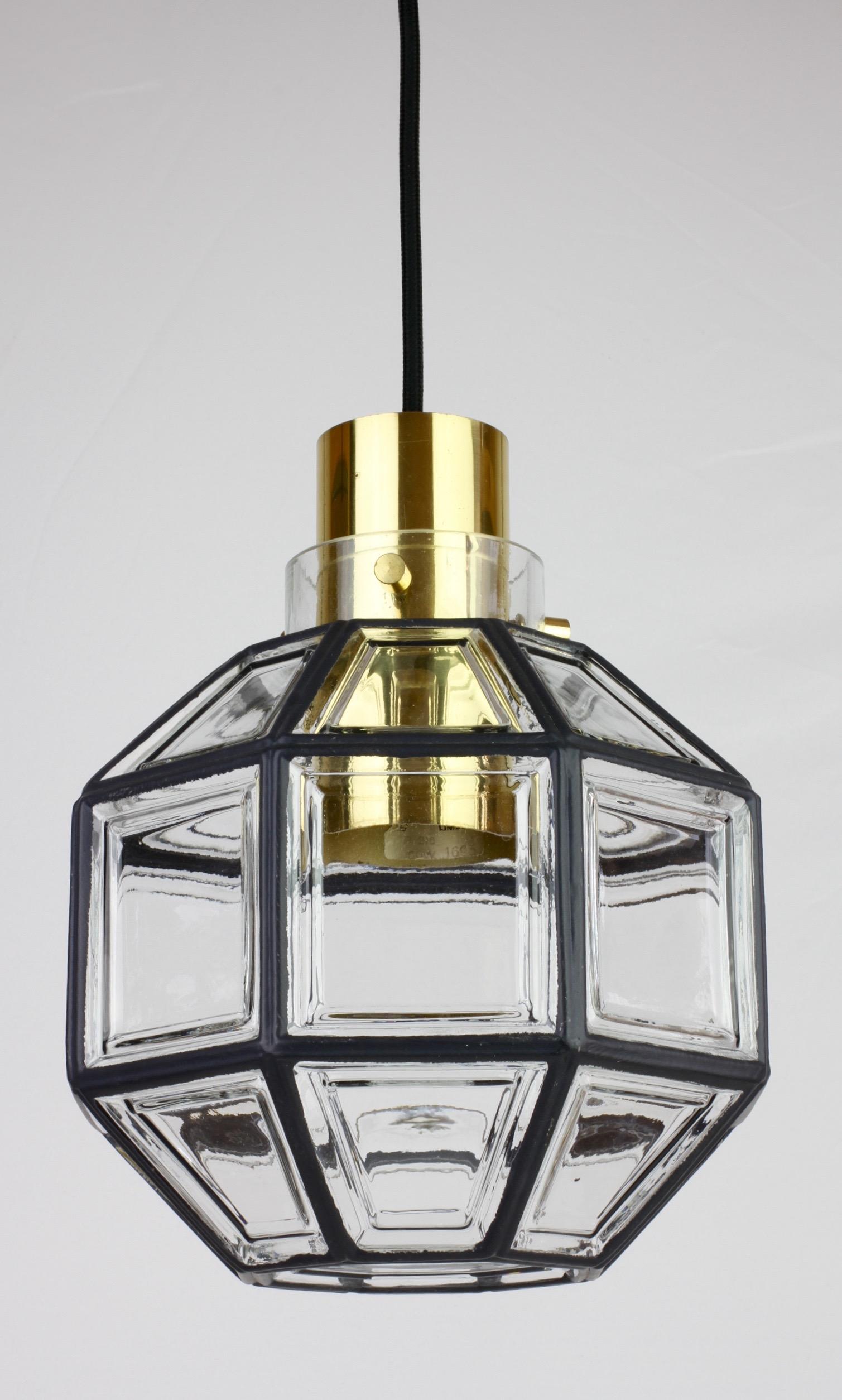 Molded Limburg Pair of Mid-Century Art Deco Iron Brass & Glass Pendant Lights, 1960s For Sale