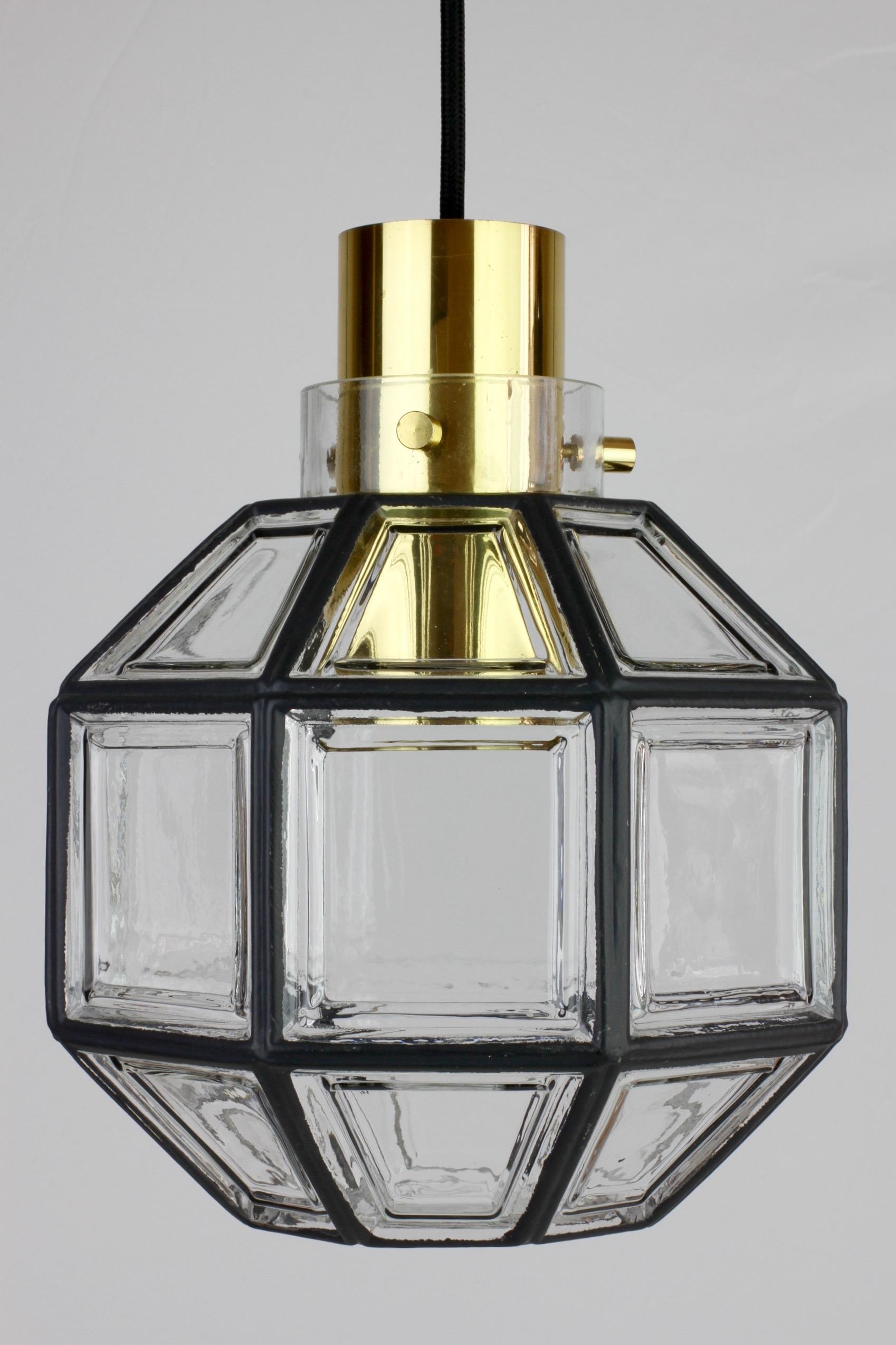 Limburg Pair of Mid-Century Art Deco Iron Brass & Glass Pendant Lights, 1960s In Good Condition For Sale In Landau an der Isar, Bayern