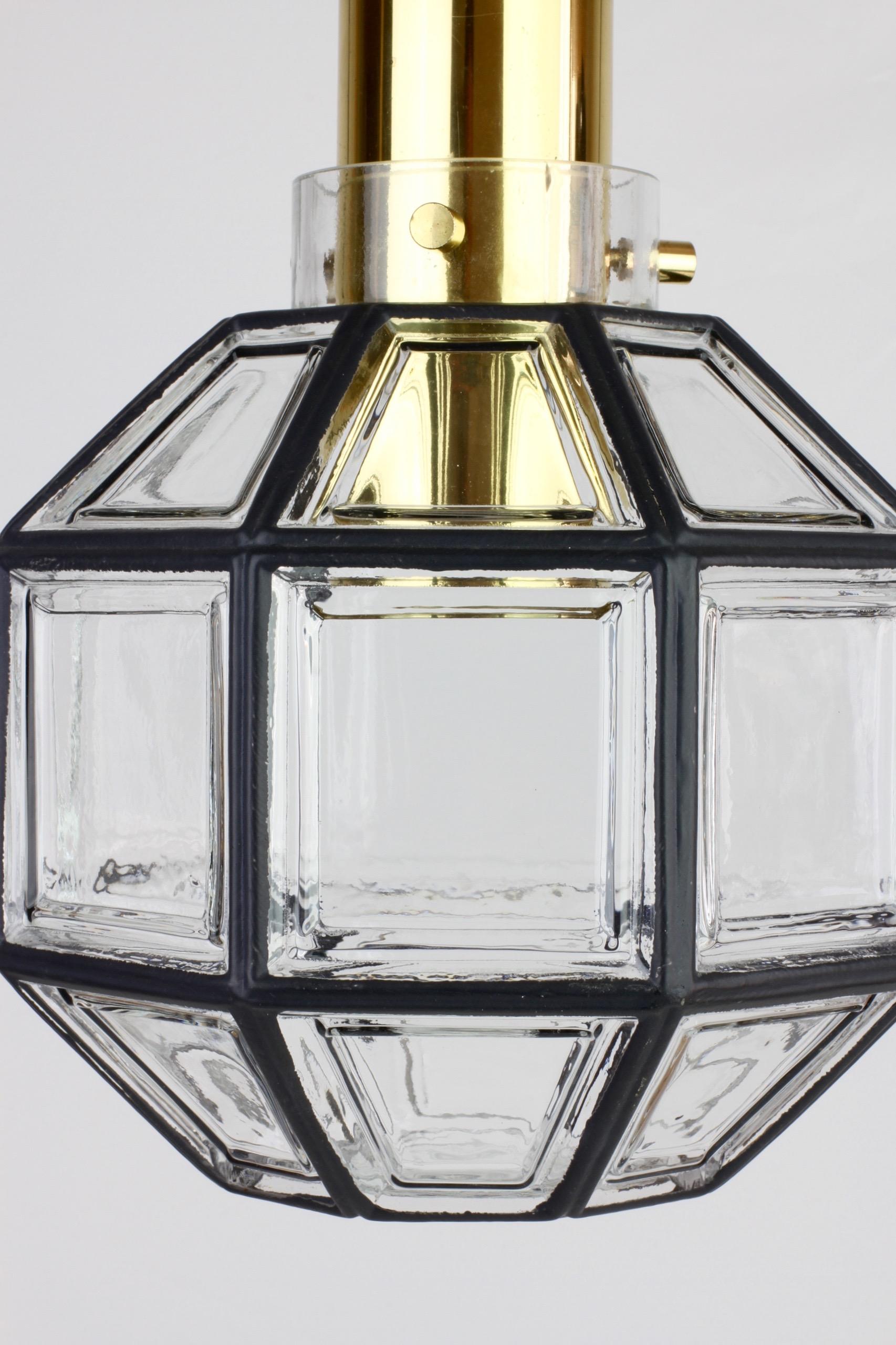 20th Century Limburg Pair of Mid-Century Art Deco Iron Brass & Glass Pendant Lights, 1960s For Sale