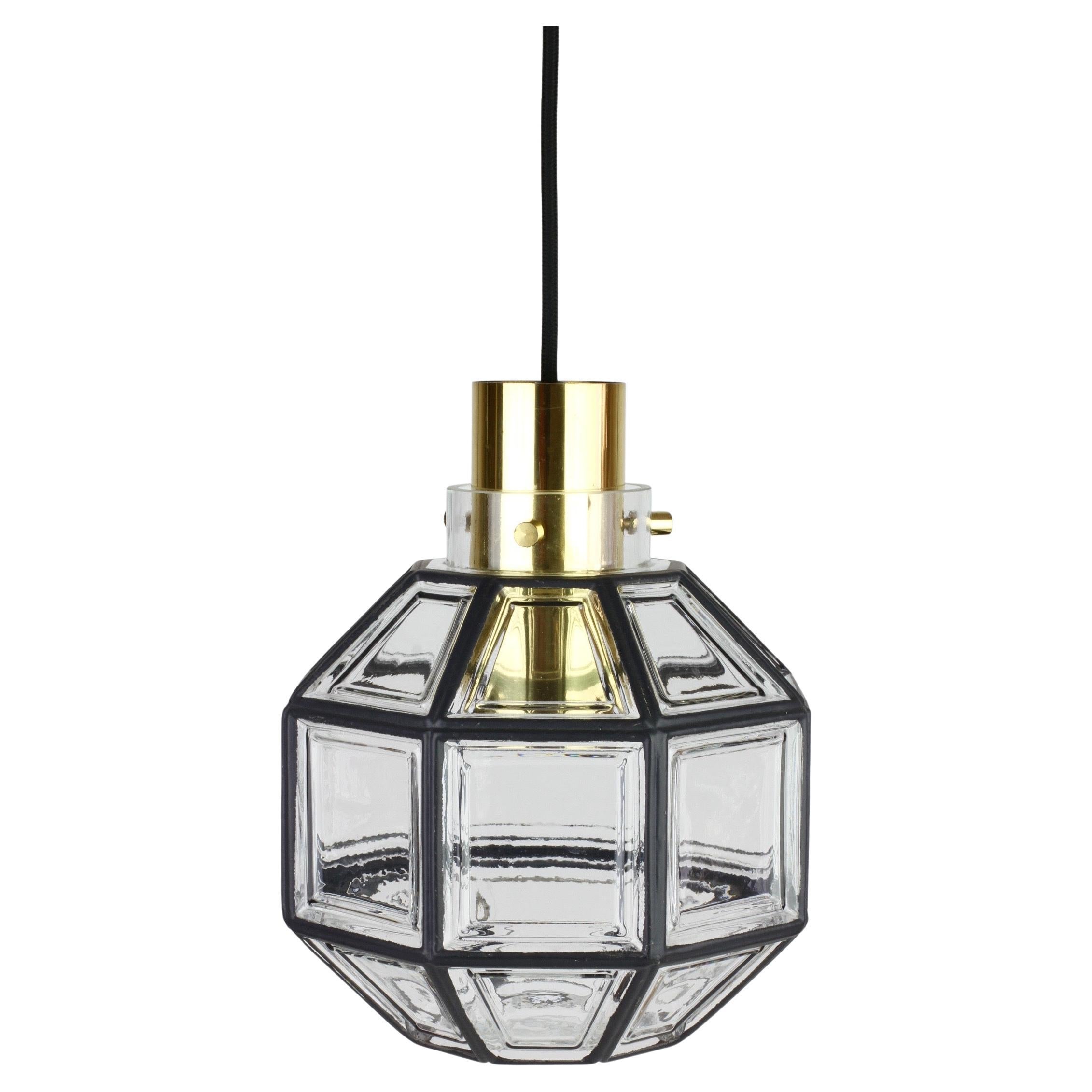 Limburg Pair of Mid-Century Art Deco Iron Brass & Glass Pendant Lights, 1960s