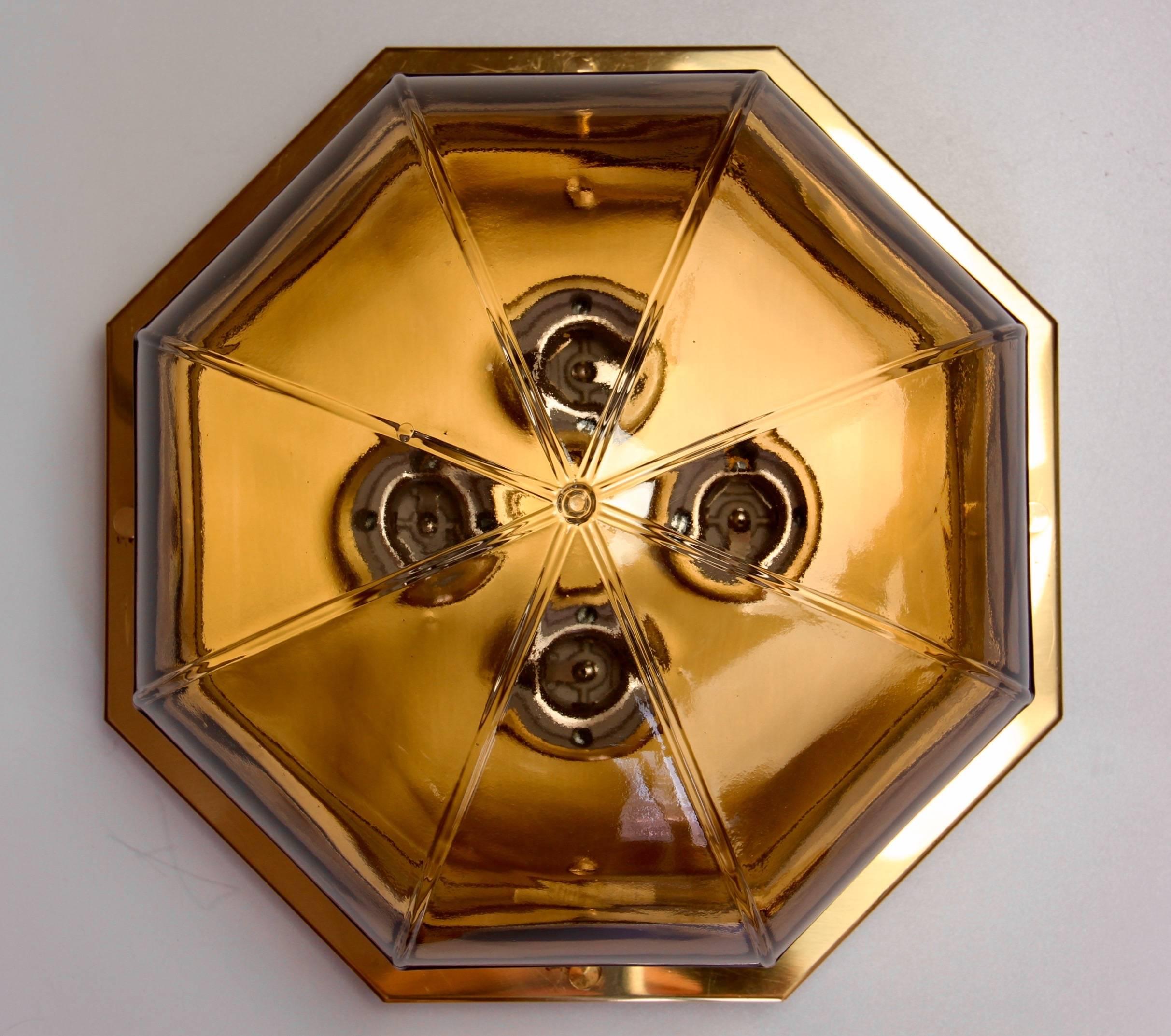 German Limburg Pair of Smoked Toned Glass and Brass Flush Mount Lights, circa 1975 For Sale