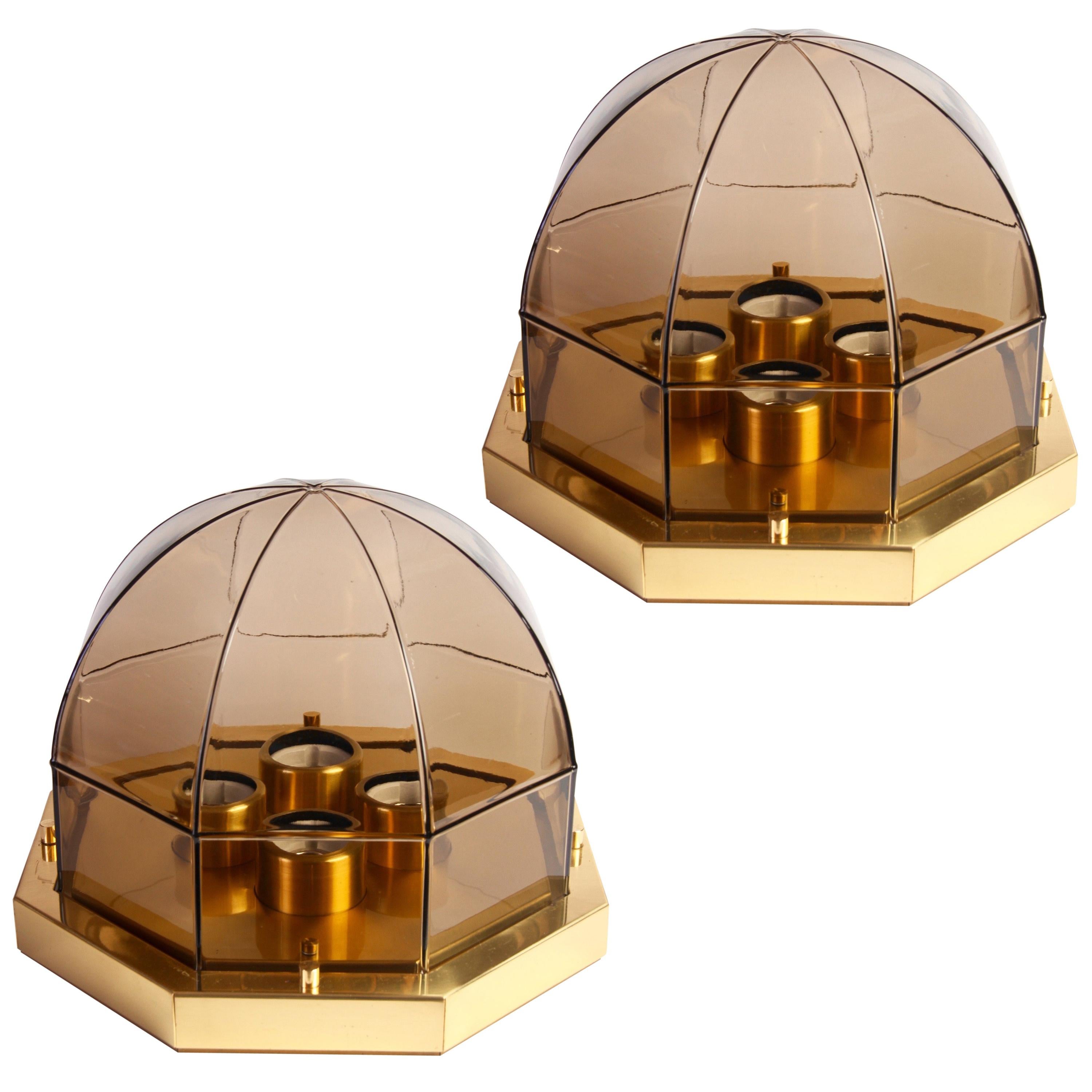 Limburg Pair of Smoked Toned Glass and Brass Flush Mount Lights, circa 1975