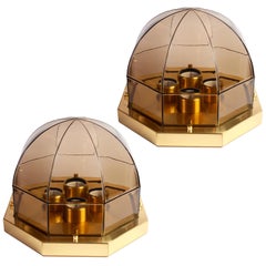 Vintage Limburg Pair of Smoked Toned Glass and Brass Flush Mount Lights, circa 1975