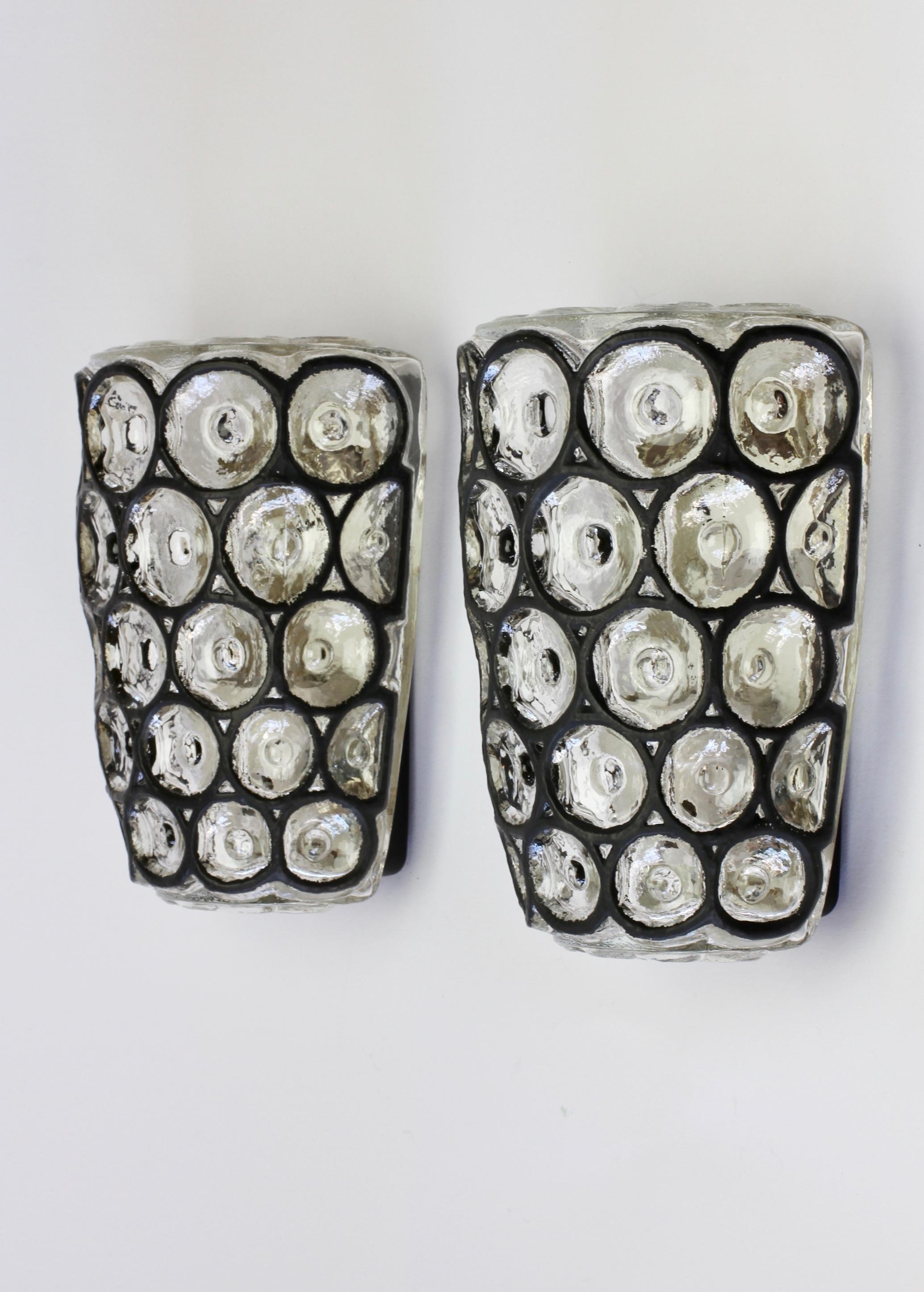 Mid-Century Modern Limburg Pair of Vintage 1960s Black Iron Rings and Glass Wall Lights or Sconces